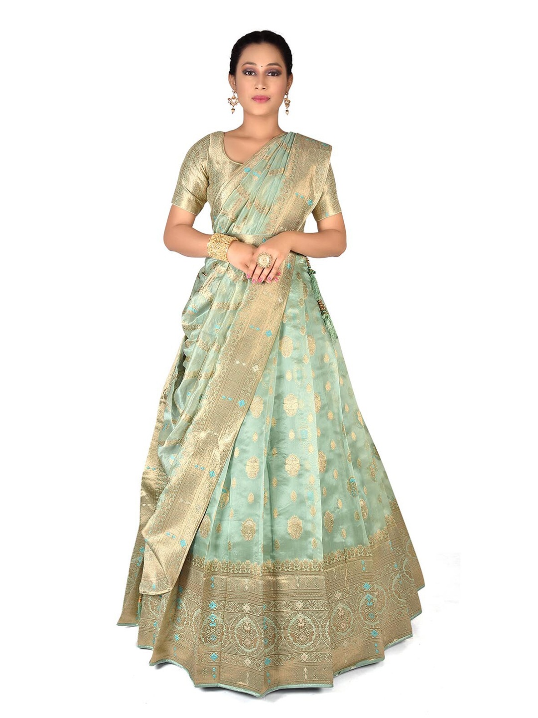 

HALFSAREE STUDIO Semi-Stitched Lehenga & Unstitched Blouse With Dupatta, Green