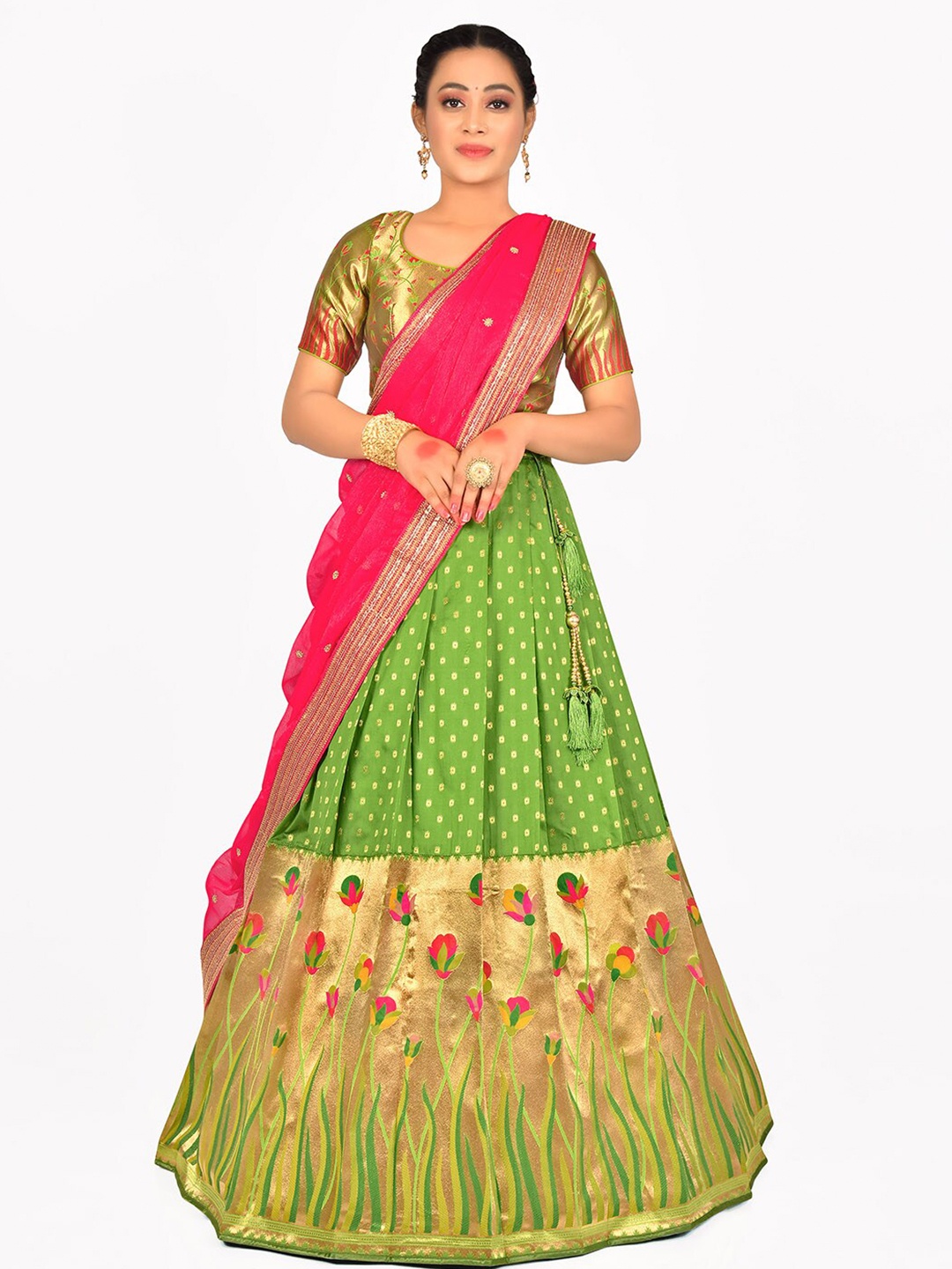 

HALFSAREE STUDIO Semi-Stitched Lehenga & Unstitched Blouse With Dupatta, Green