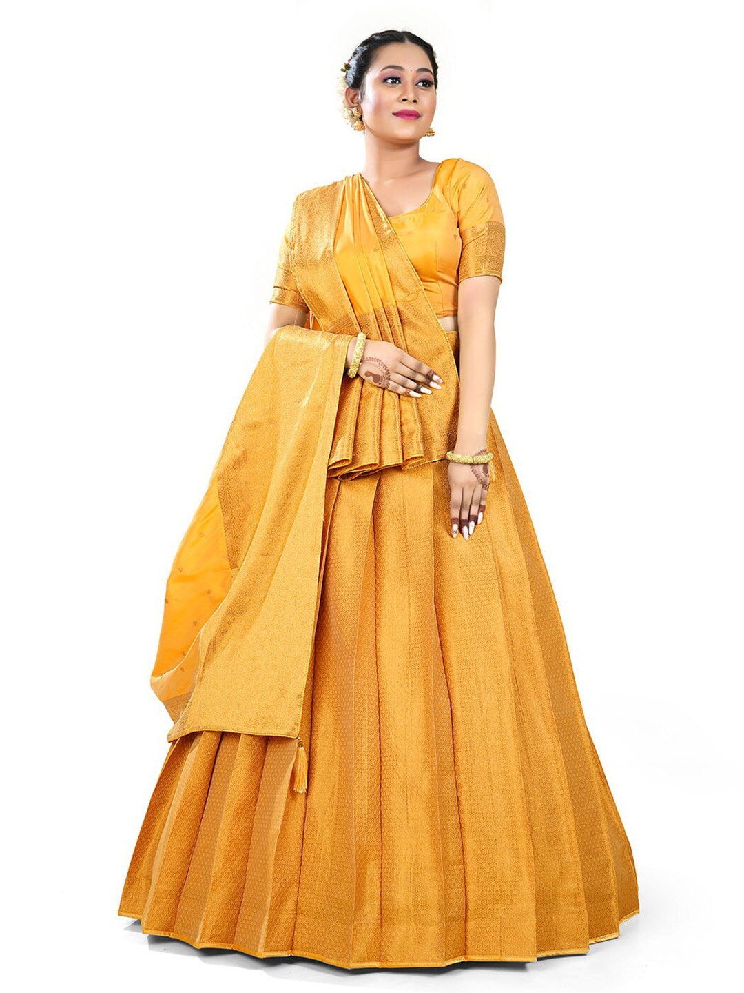 

HALFSAREE STUDIO Semi-Stitched Lehenga & Unstitched Blouse With Dupatta, Gold
