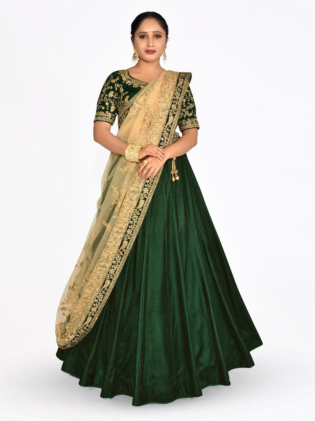 

HALFSAREE STUDIO Embroidered Semi-Stitched Lehenga & Unstitched Blouse With Dupatta, Green
