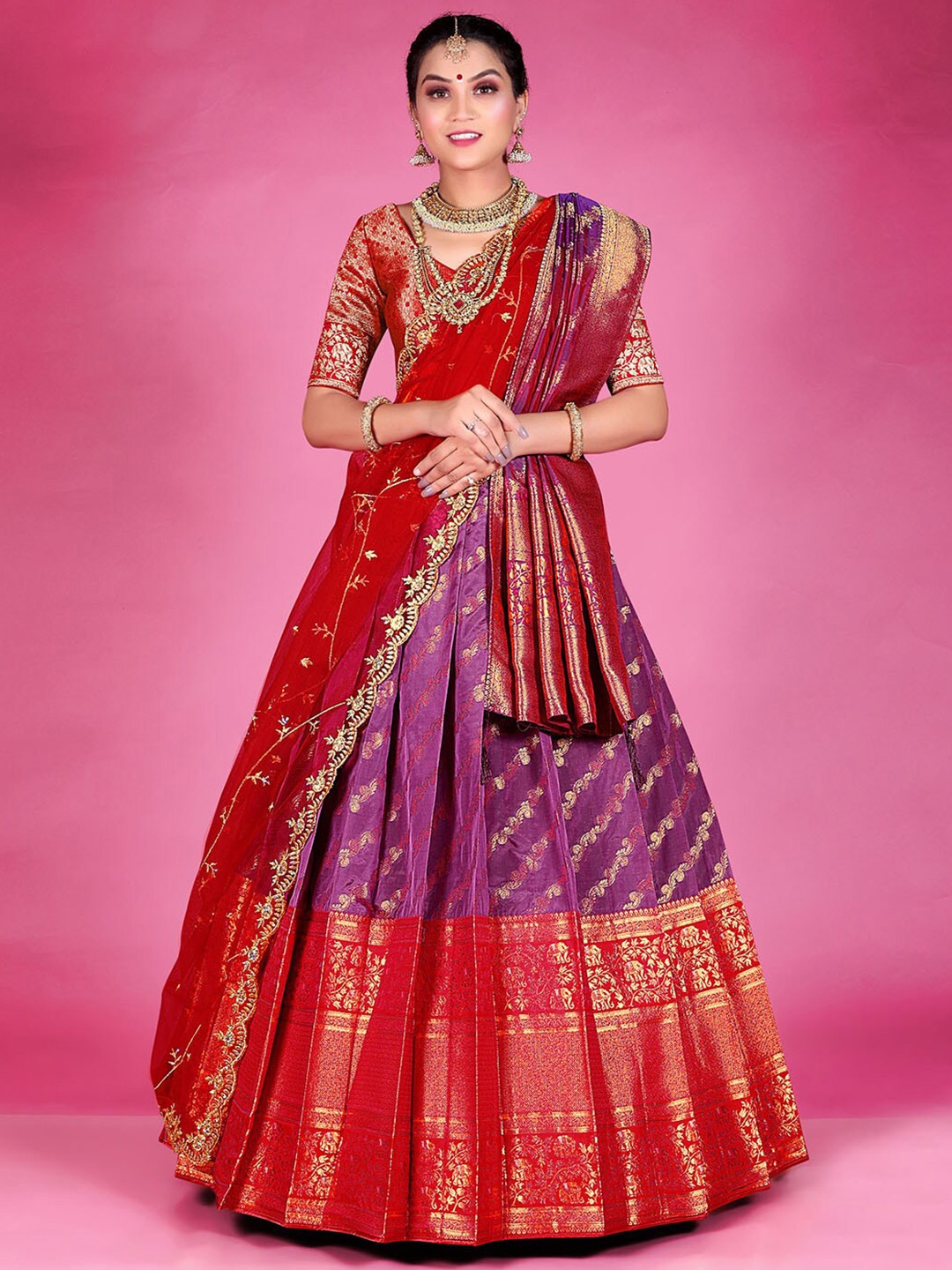 

HALFSAREE STUDIO Semi-Stitched Lehenga & Unstitched Blouse With Dupatta, Red