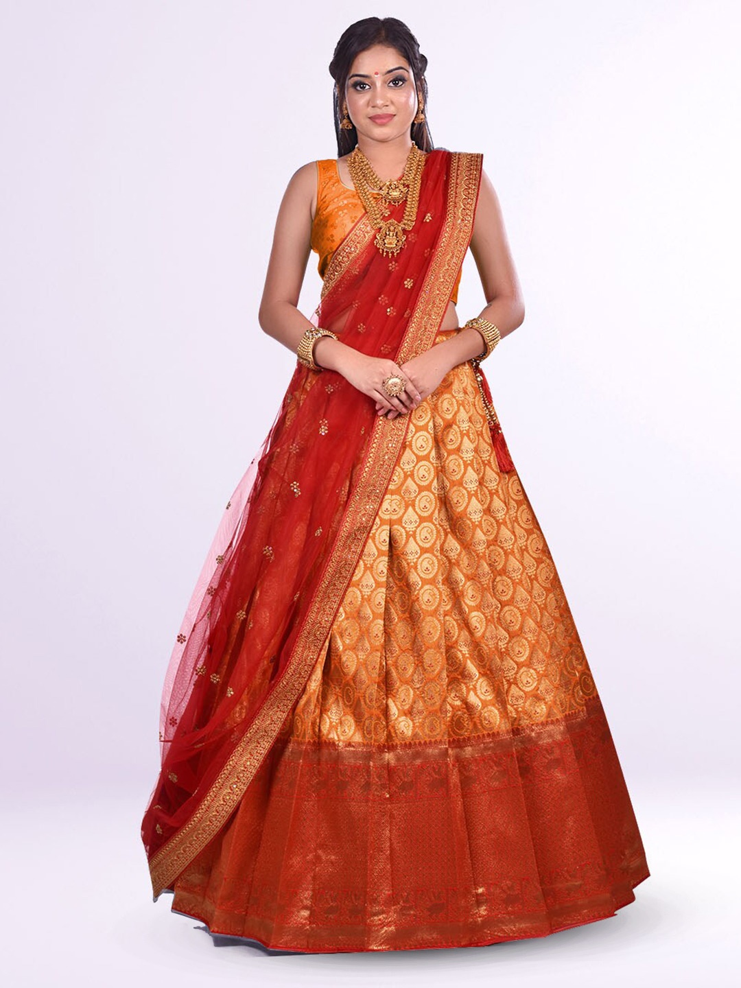 

HALFSAREE STUDIO Semi-Stitched Lehenga & Unstitched Blouse With Dupatta, Orange