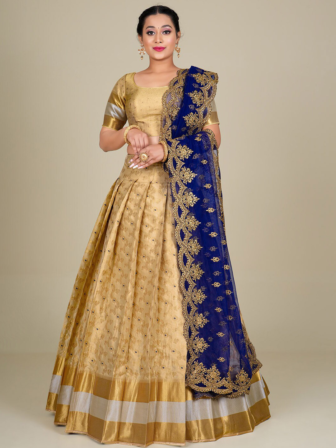 

HALFSAREE STUDIO Semi-Stitched Lehenga & Unstitched Blouse With Dupatta, Beige
