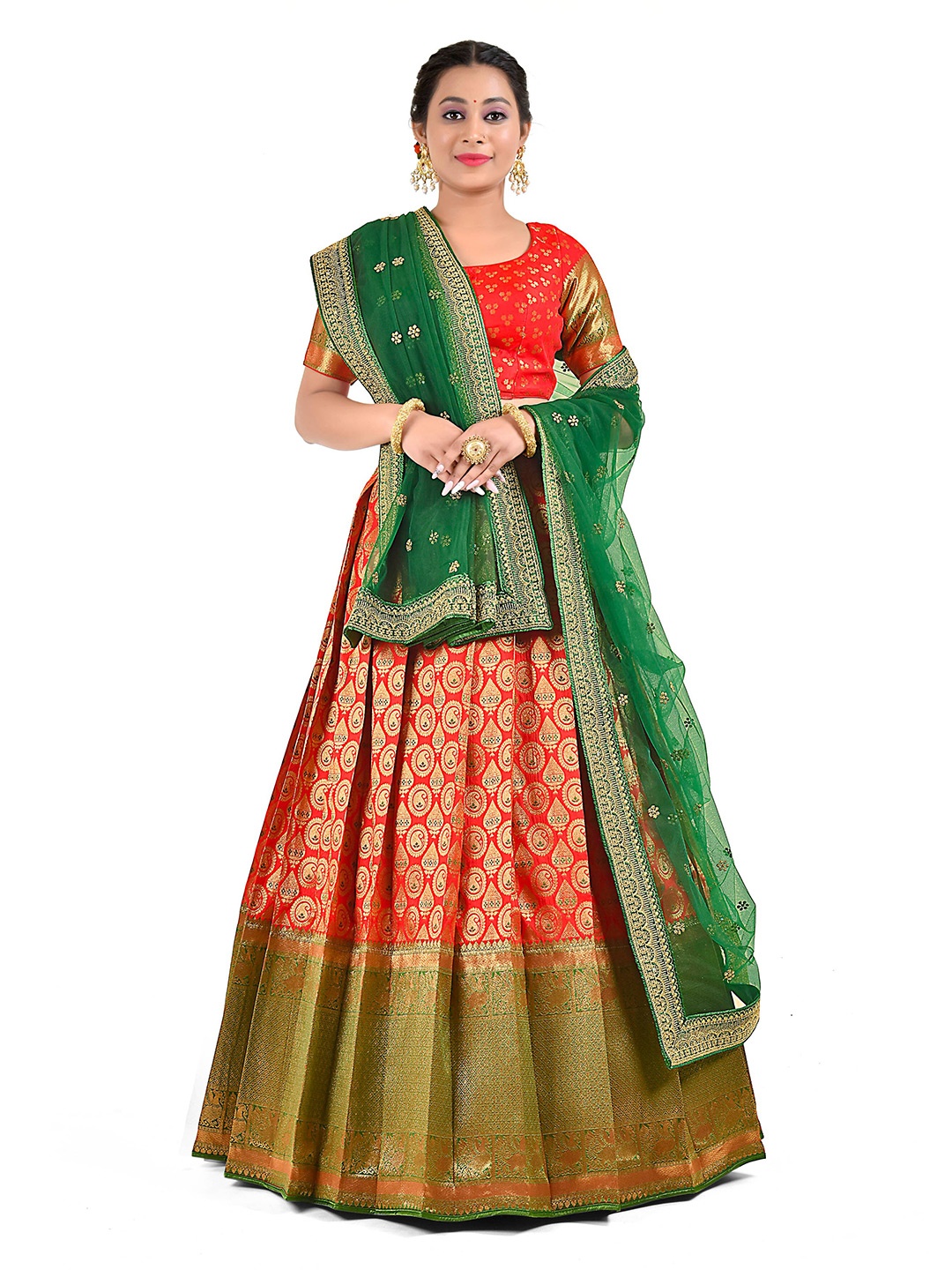 

HALFSAREE STUDIO Semi-Stitched Lehenga & Unstitched Blouse With Dupatta, Red