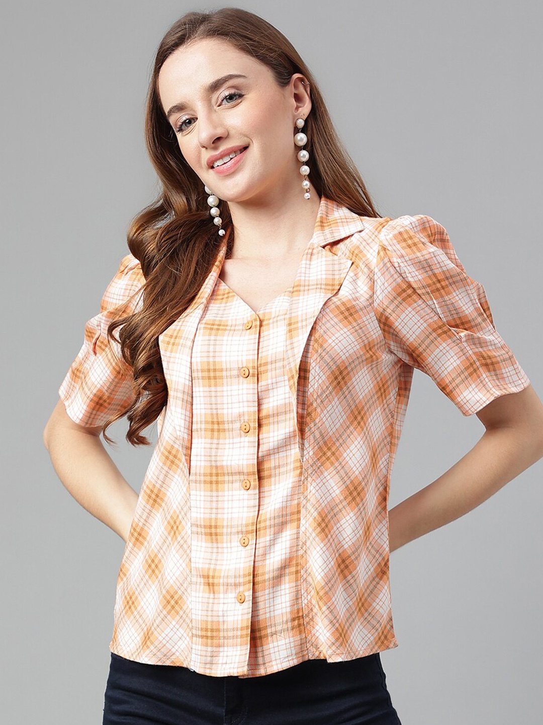 

Latin Quarters Classic Tartan Checks Cuban Collar Puff Sleeves Casual Shirt, Orange