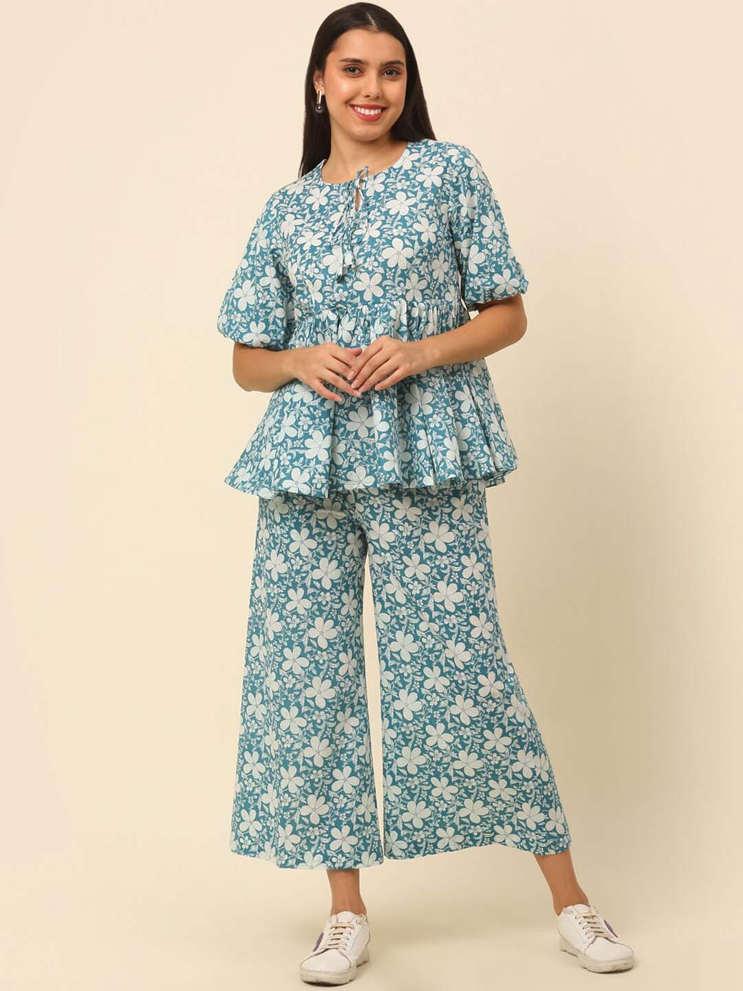 

Laado - Pamper Yourself Floral Printed Pure Cotton Top With Palazzos, Blue
