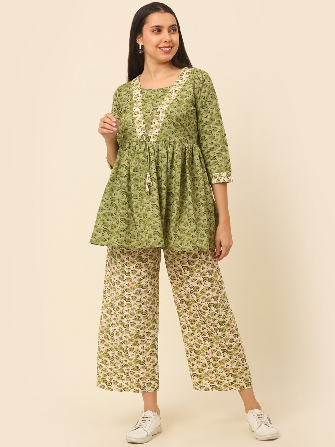 

Laado - Pamper Yourself Floral Printed Pure Cotton Tunic Top & Palazzos, Green
