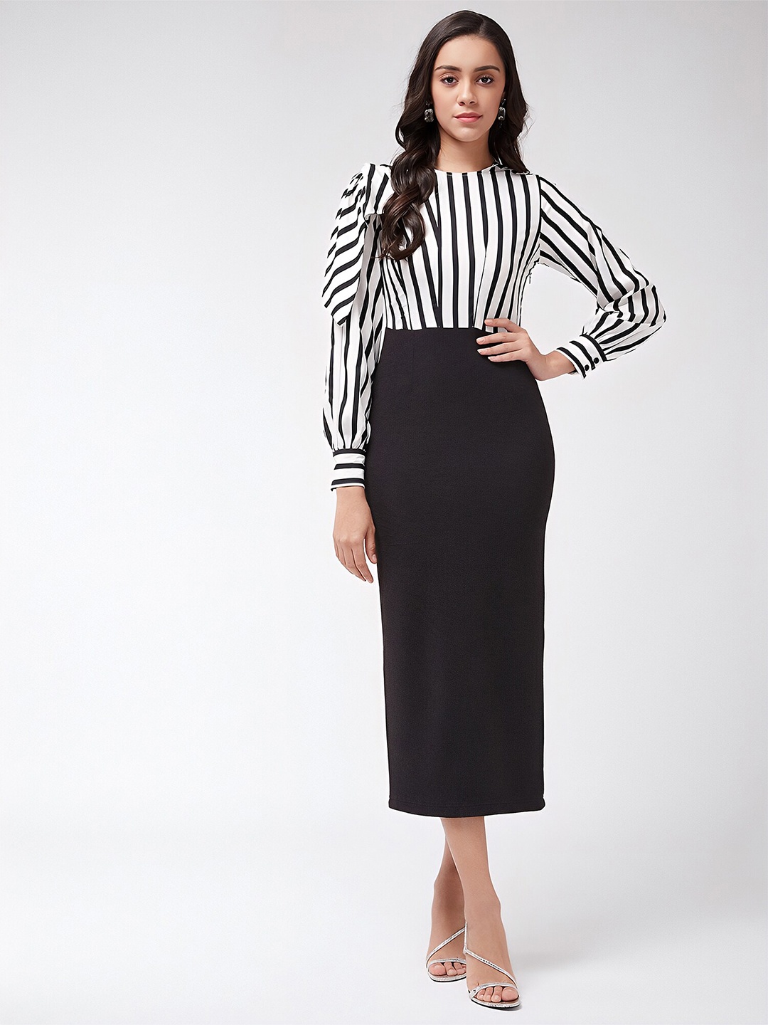 

N N ENTERPRISE Striped Puff Sleeve Lycra Sheath Midi Dress, Black