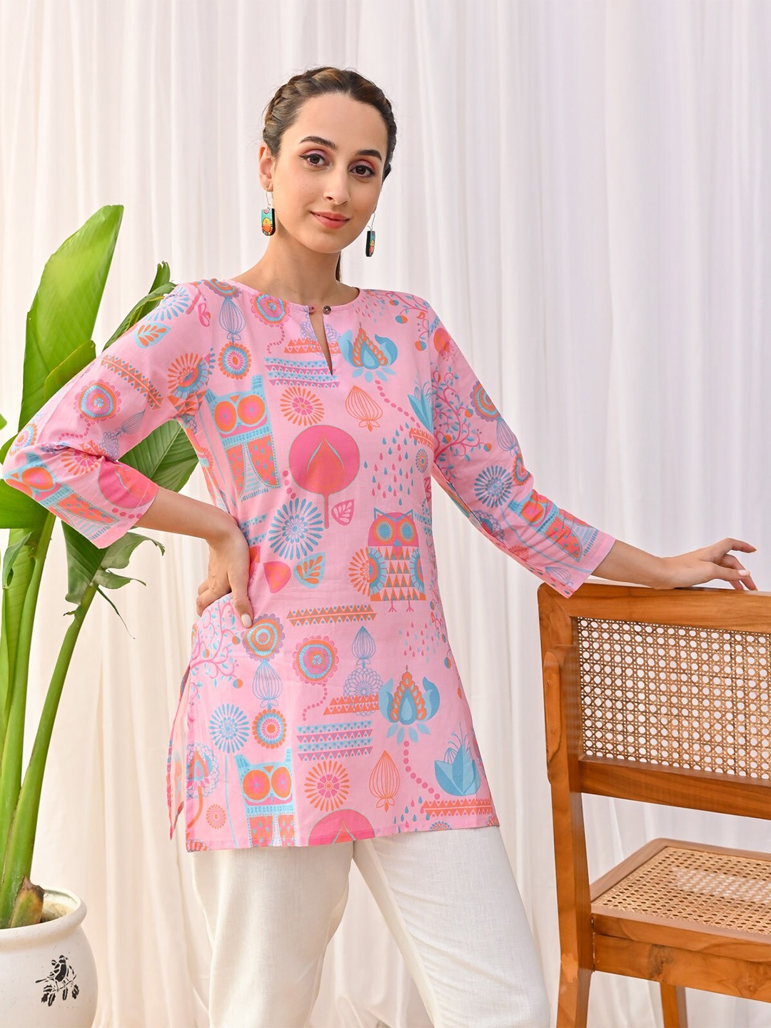 

Rustorange Graphic Printed Cotton Mandarin Collar Tunic, Pink
