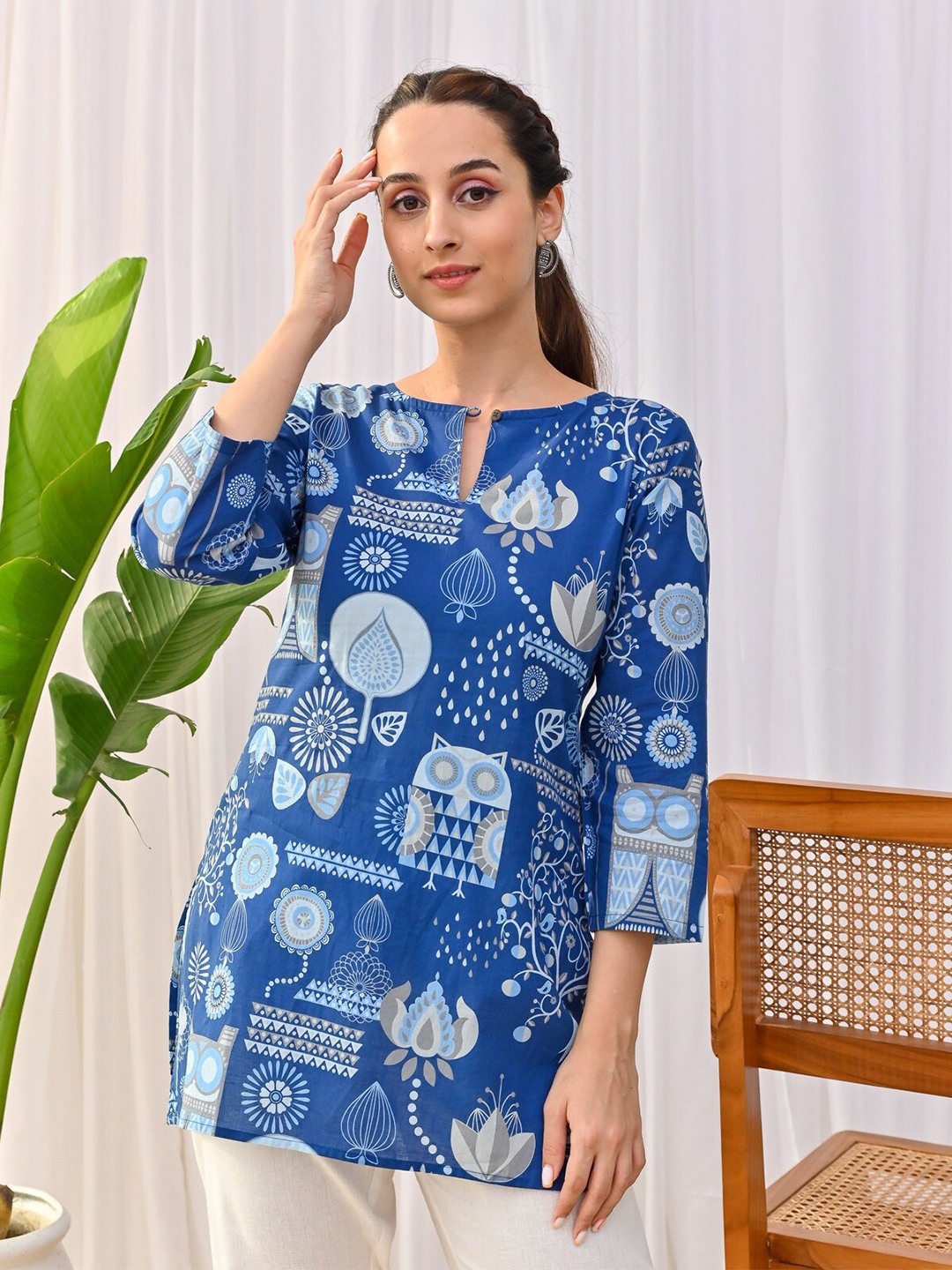 

Rustorange Graphic Printed Cotton Mandarin Collar Tunic, Blue