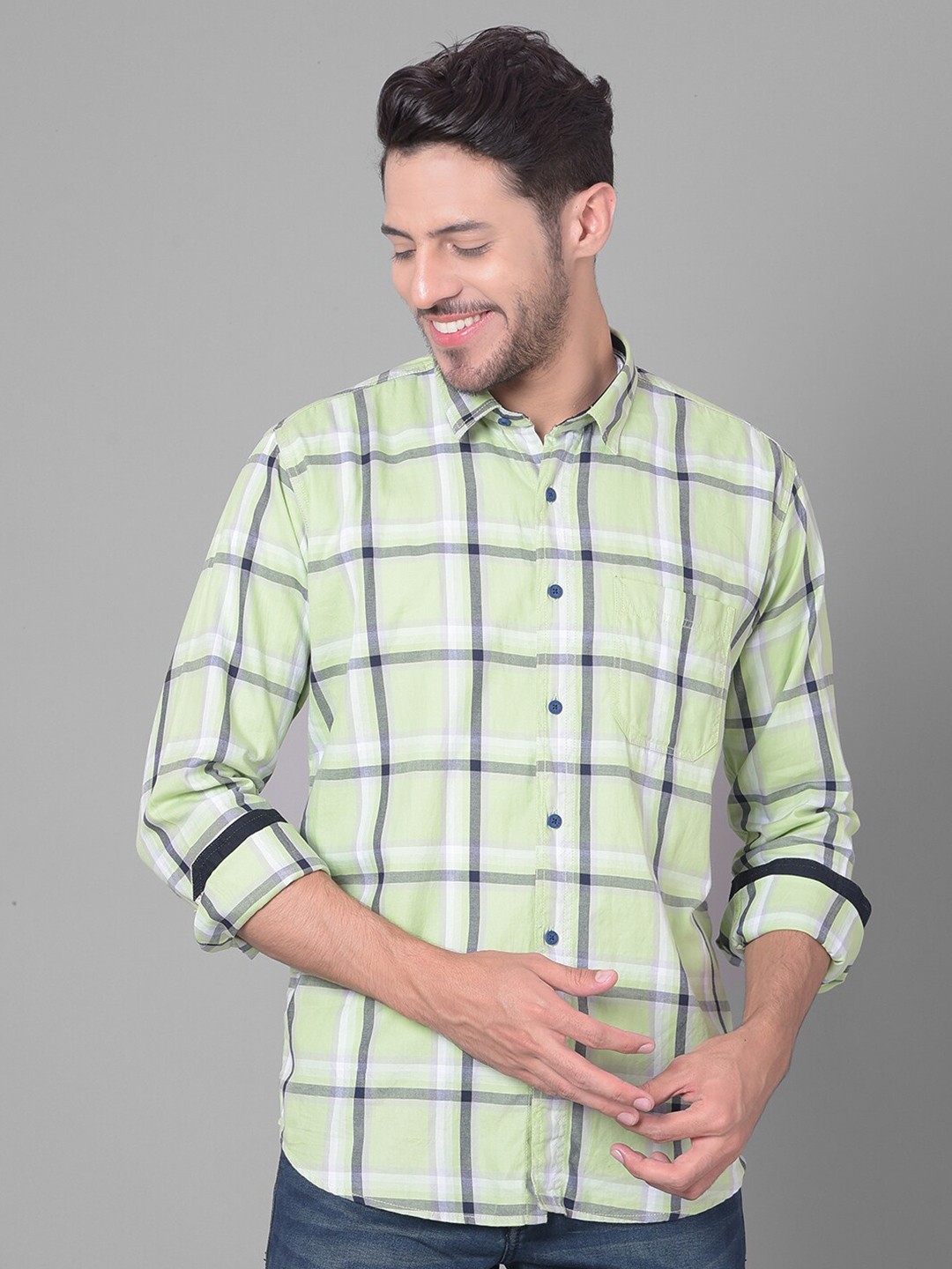 

COBB Windowpane Checked Cotton Casual Shirt, Green