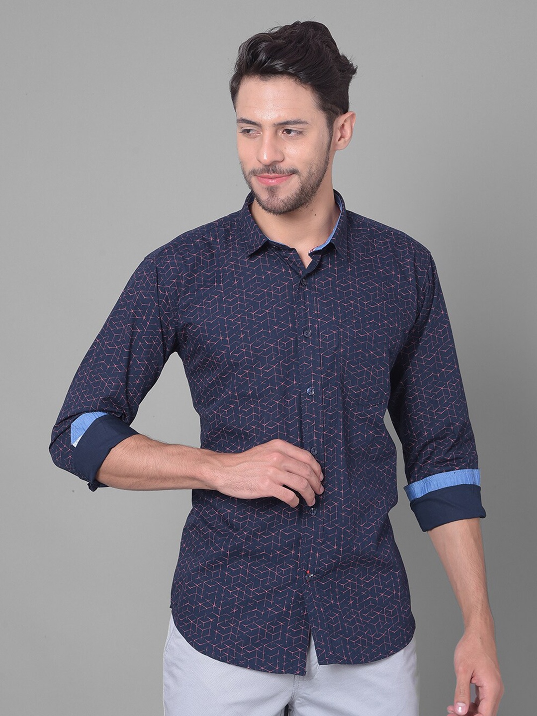 

COBB Slim Fit Opaque Printed Cotton Casual Shirt, Navy blue