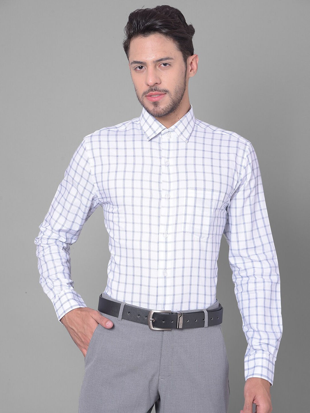 

COBB Slim Fit Windowpane Checked Cotton Formal Shirt, White