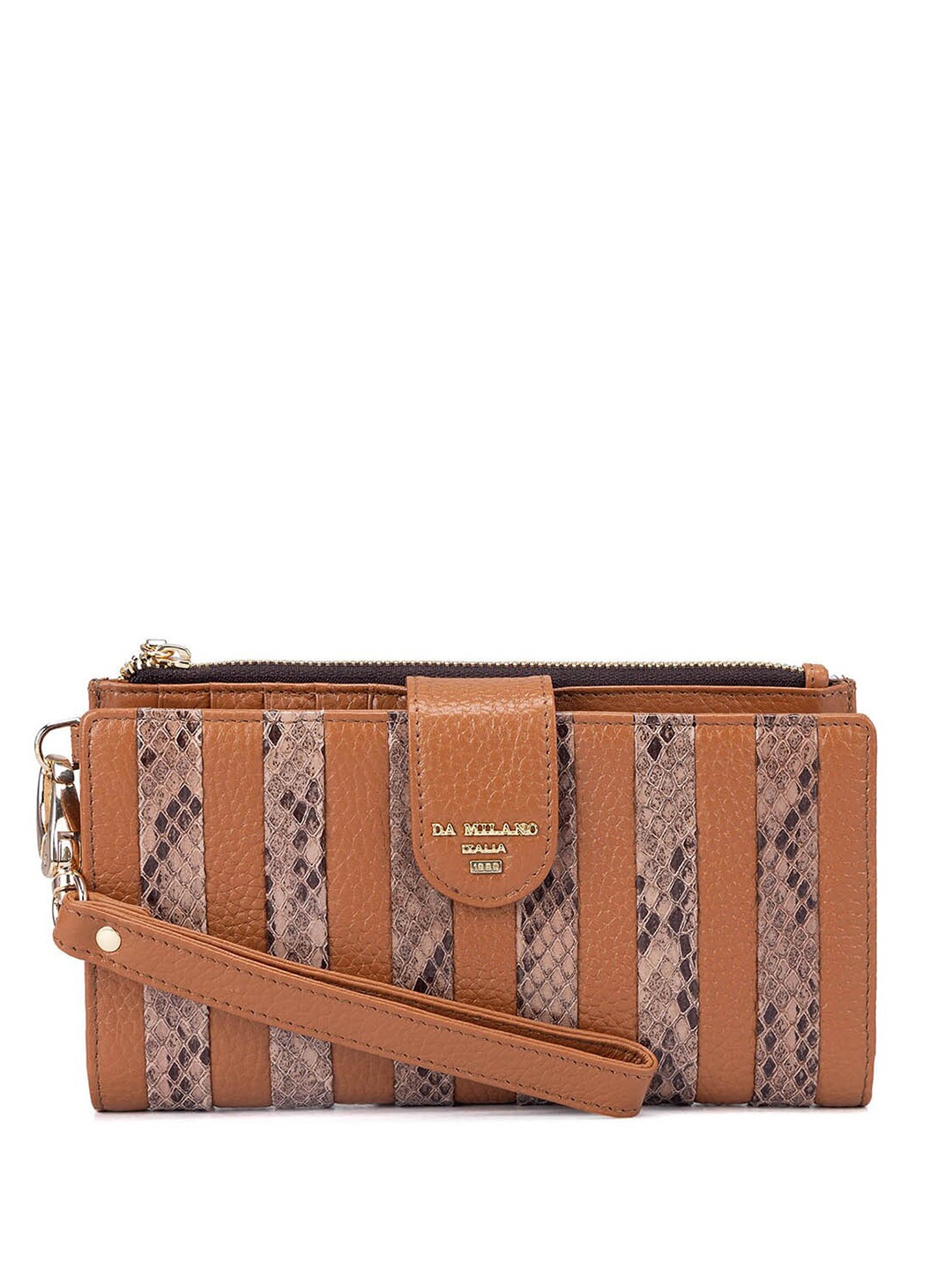 

Da Milano Women Striped Textured Leather Zip Around Wallet, Brown