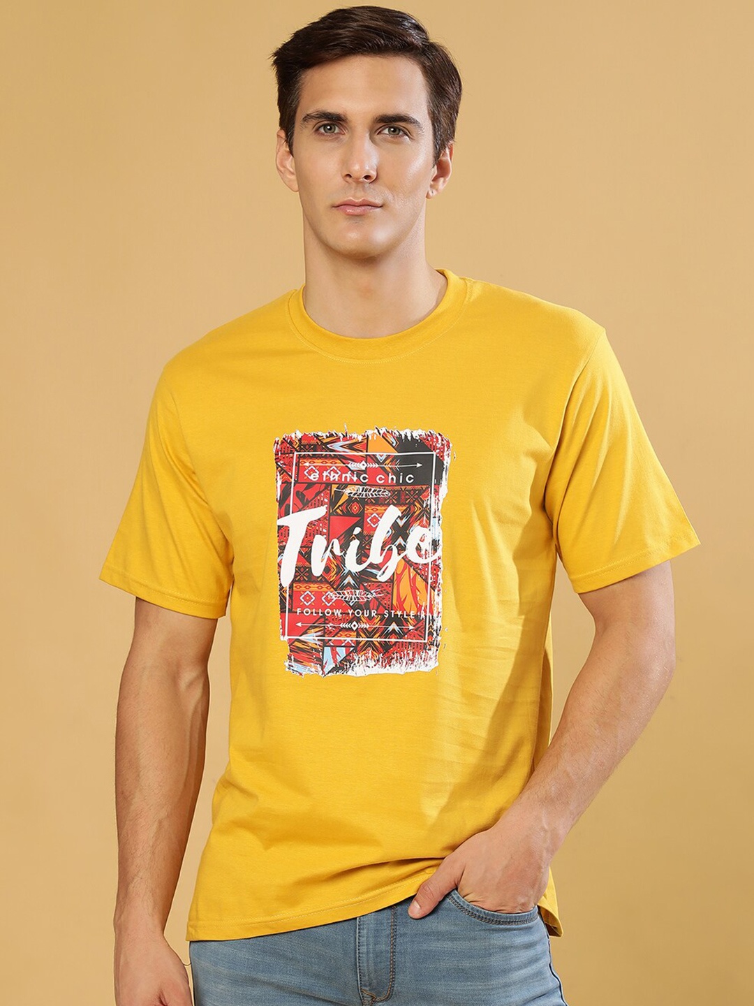Gavin Paris Typography Printed Pure Cotton Regular T-shirt, Mustard
