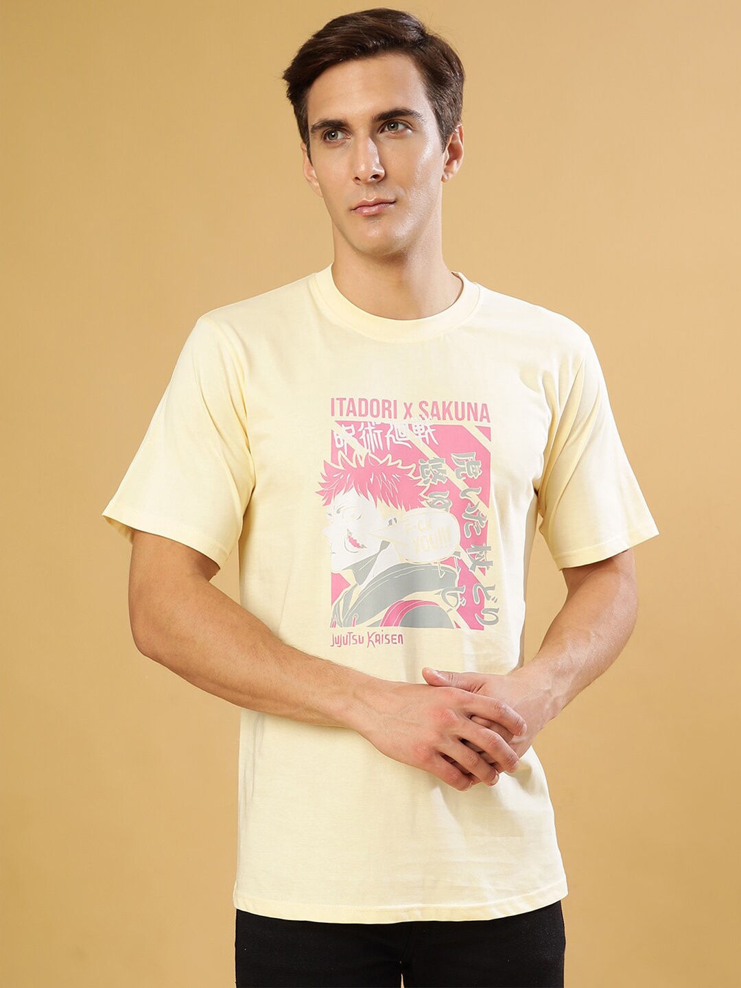 Gavin Paris Typography Printed Round Neck Pure Cotton Regular T-shirt, Cream