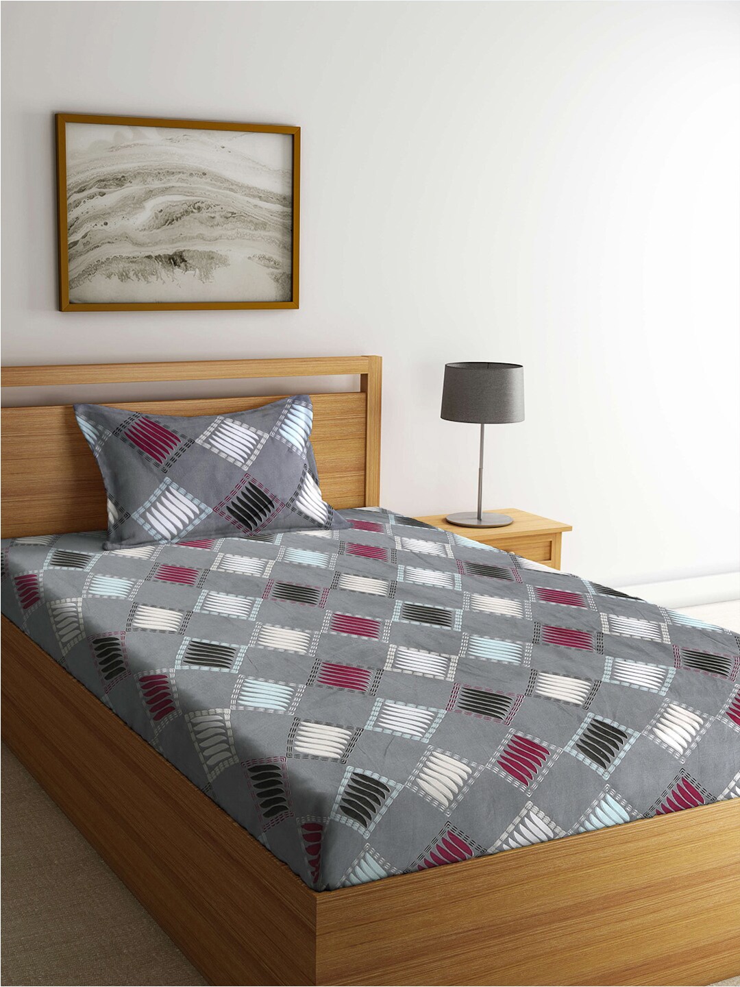 

FABINALIV Geometric Printed 300 TC Single Bedsheet with 1 Pillow Cover, Grey