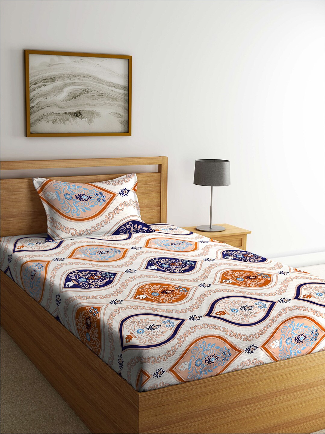 

FABINALIV White & Orange Printed 300 TC Single Bedsheet with 1 Pillow Cover