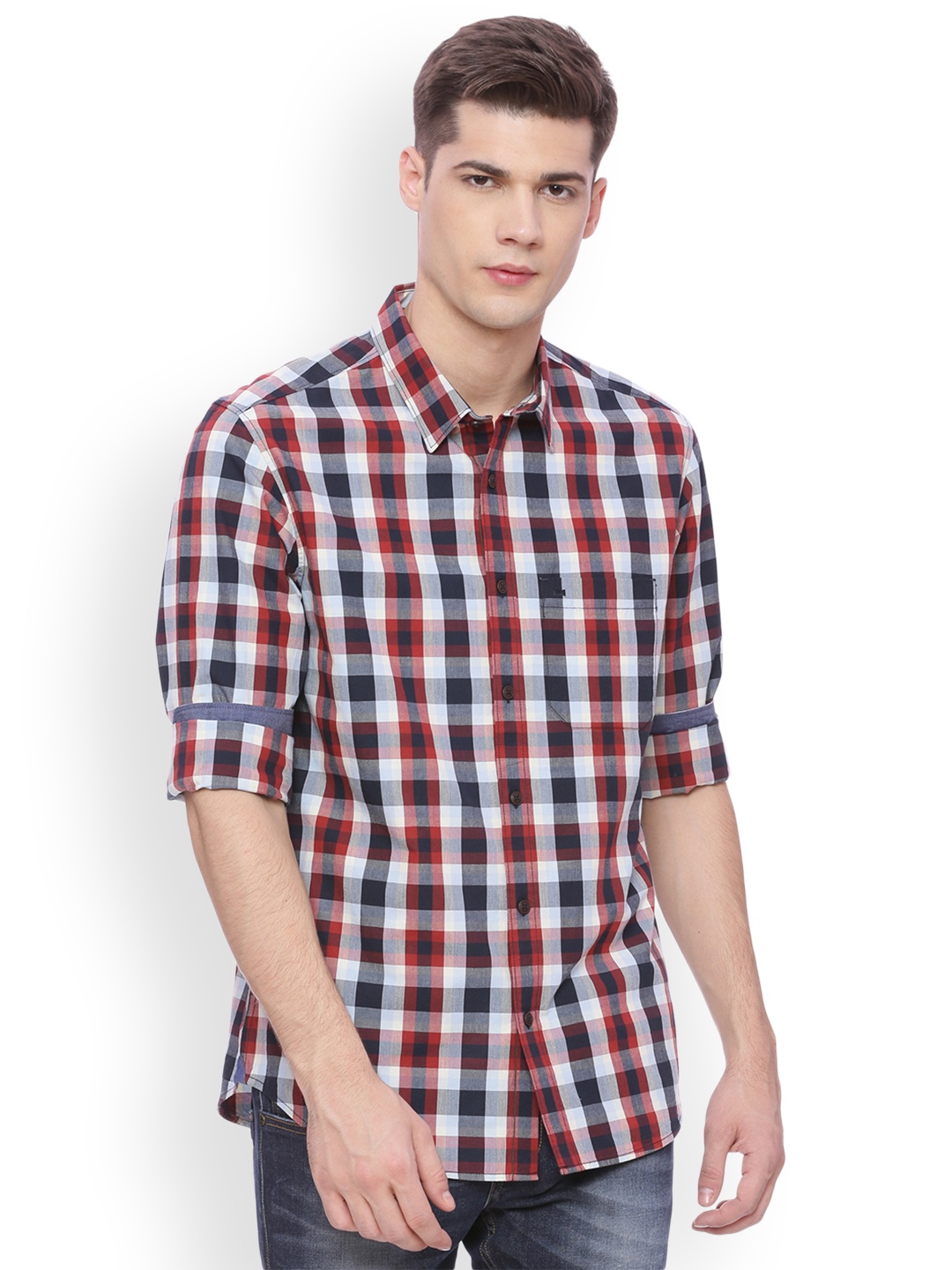 

Basics Men Red & Multicoloured Slim Fit Checked Casual Shirt