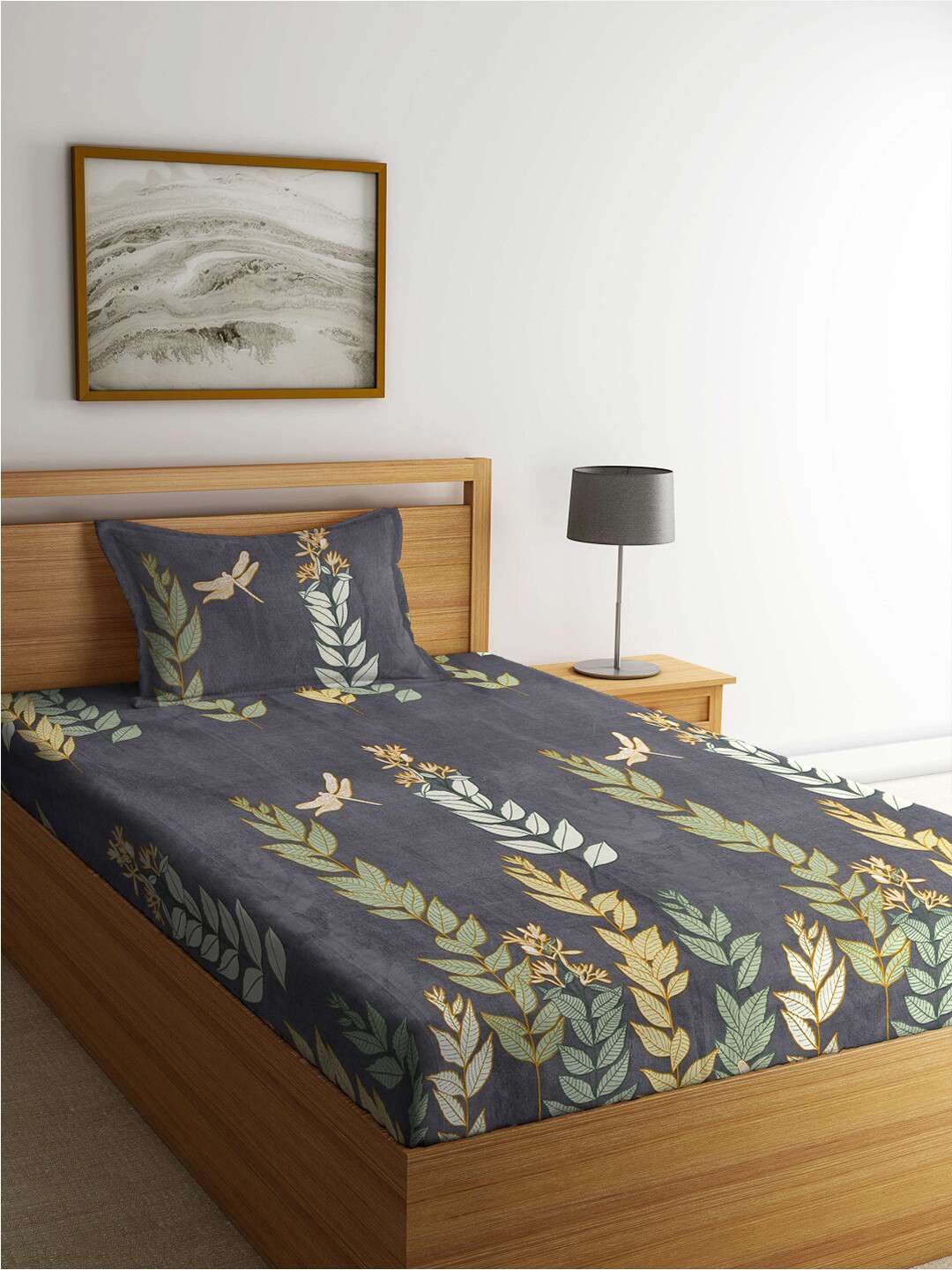 

FABINALIV Grey & Green Printed 300 TC Single Bedsheet with 1 Pillow Covers