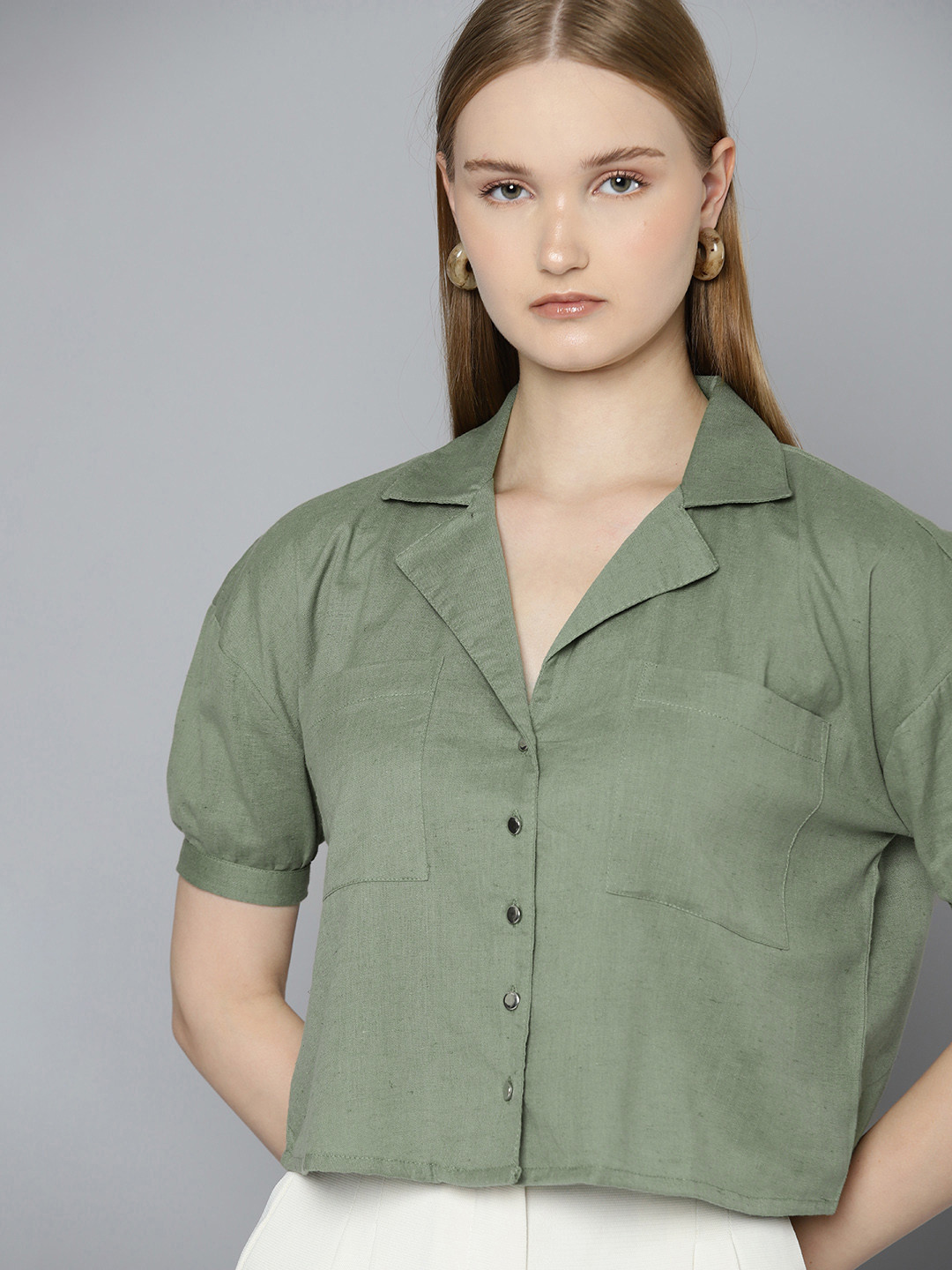 

Chemistry Opaque Puff Sleeves Casual Shirt, Olive