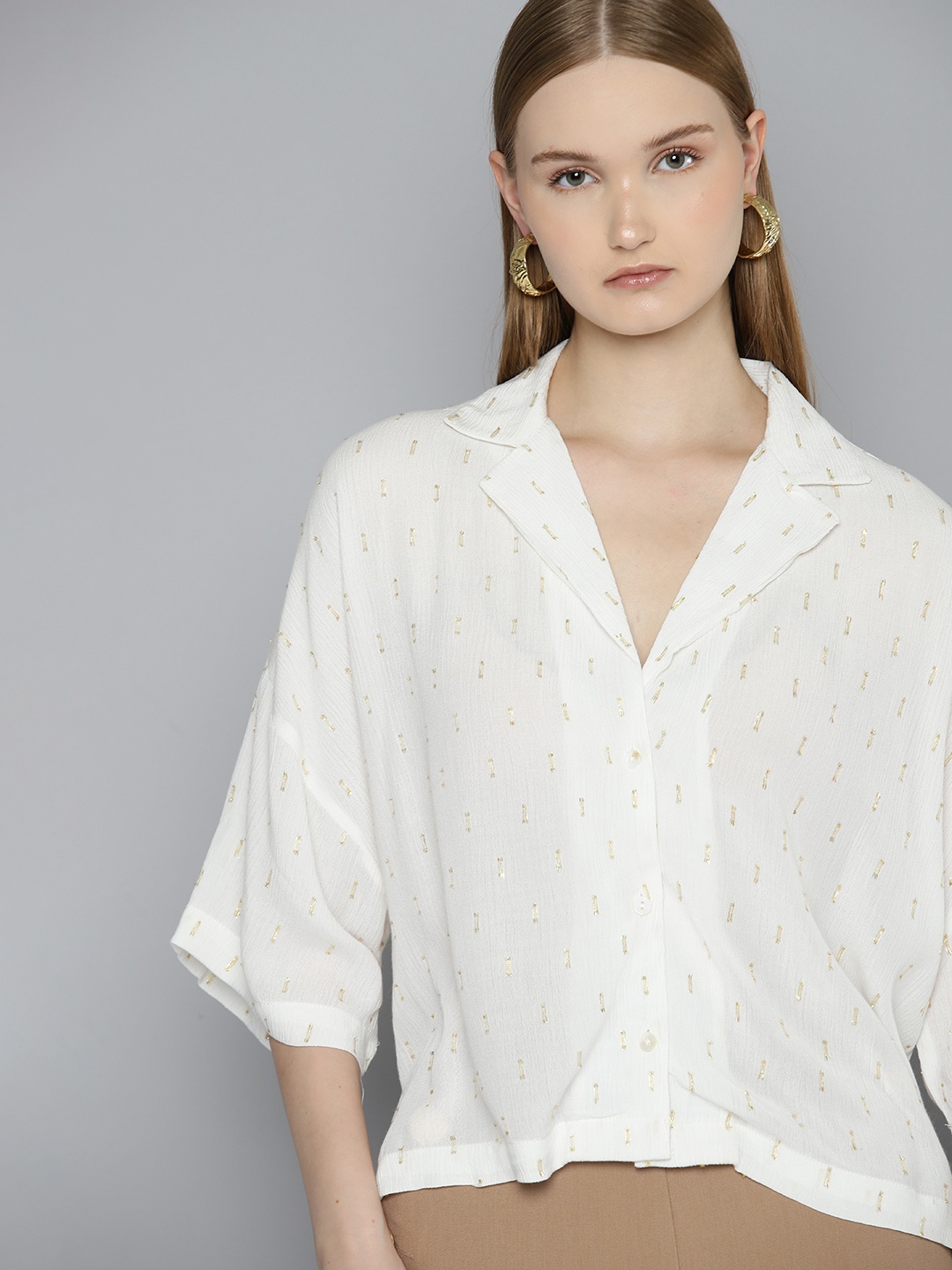 

Chemistry Self Design Drop-Shoulder Sleeves Oversized Casual Shirt, White