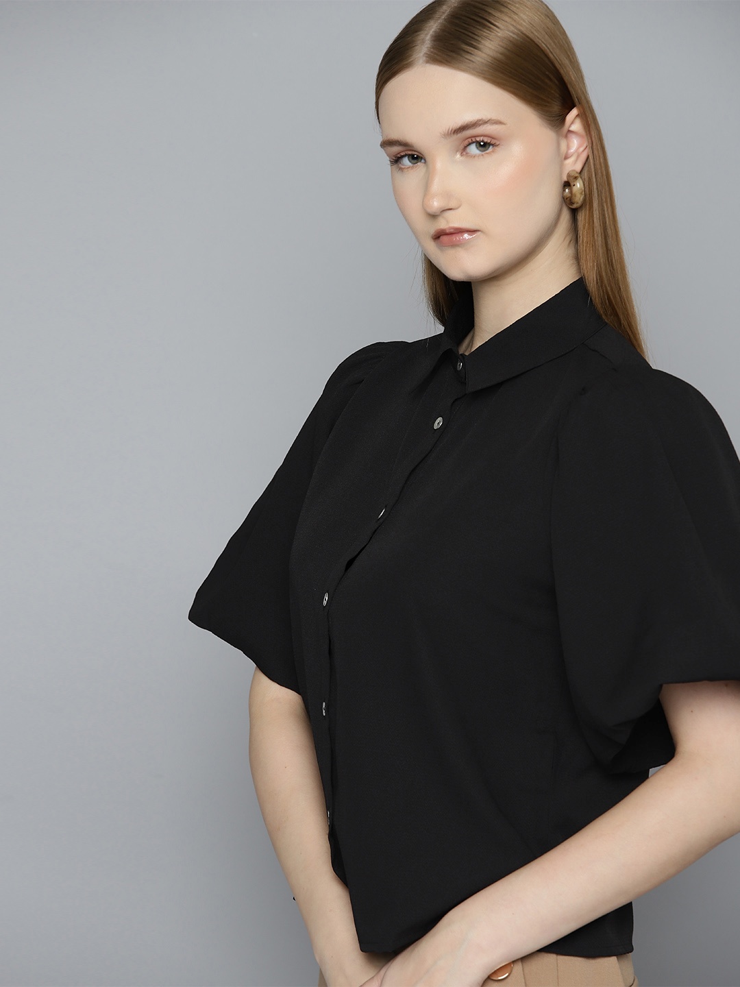 

Chemistry Textured Puff Sleeves Moss Crepe Casual Shirt, Black