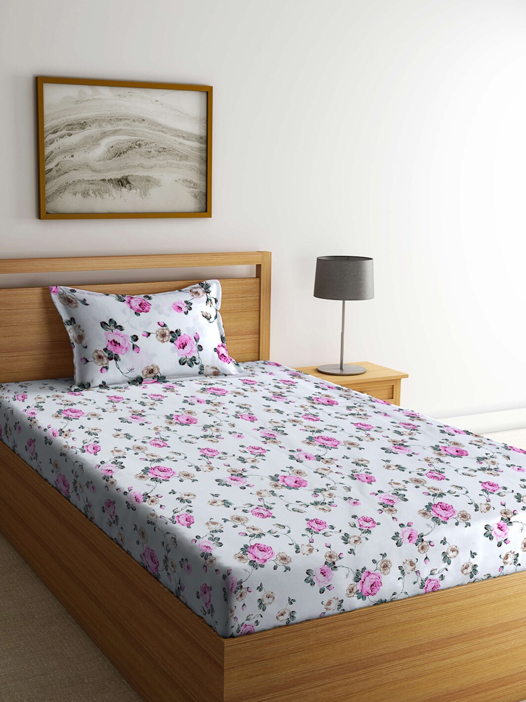 

FABINALIV White & Pink Floral 300 TC Single Bedsheet With 1 Pillow Cover