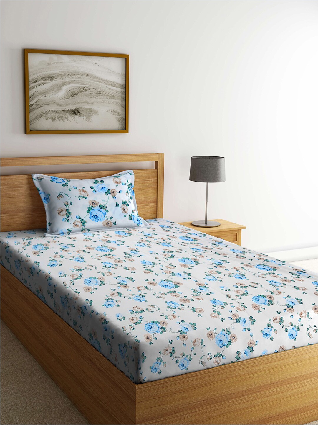 

FABINALIV White & Blue Floral 300 TC Single Bedsheet With 1 Pillow Cover