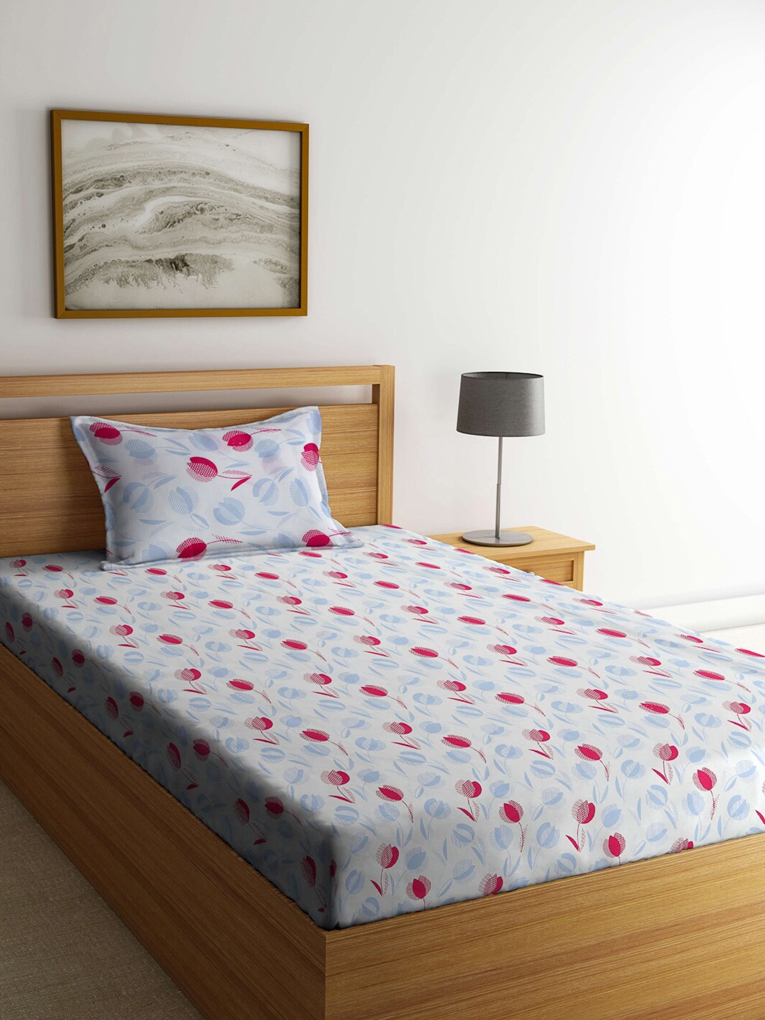 

FABINALIV White & Blue Floral 300 TC Single Bedsheet With 1 Pillow Cover