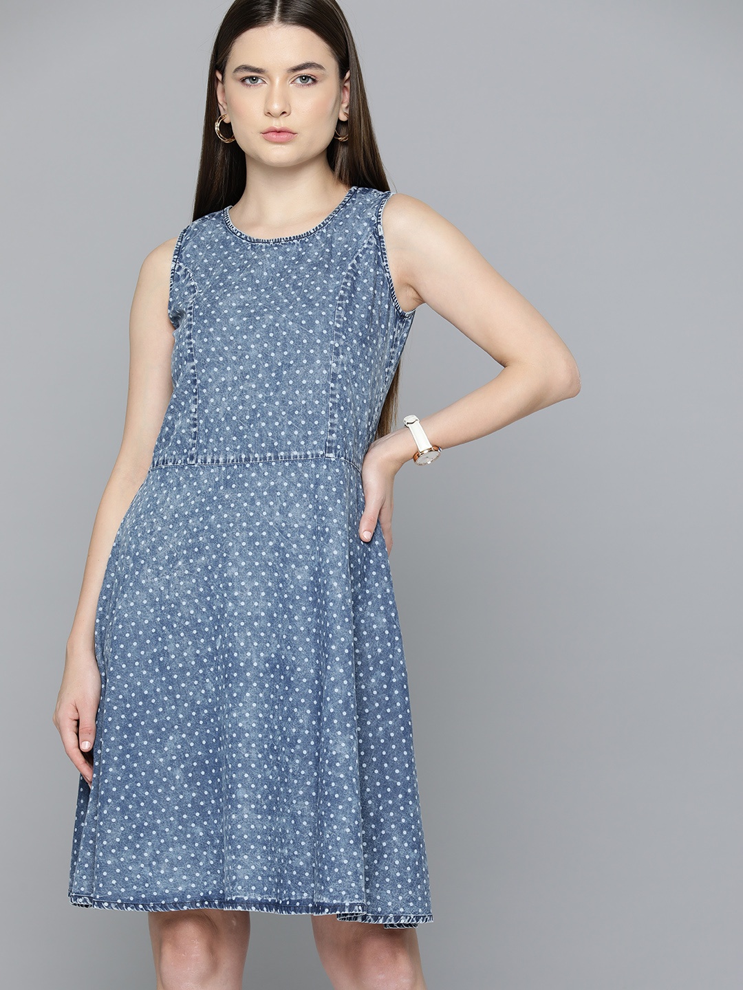 

Chemistry Polka Dot Print Cotton Denim A-Line Dress, Blue
