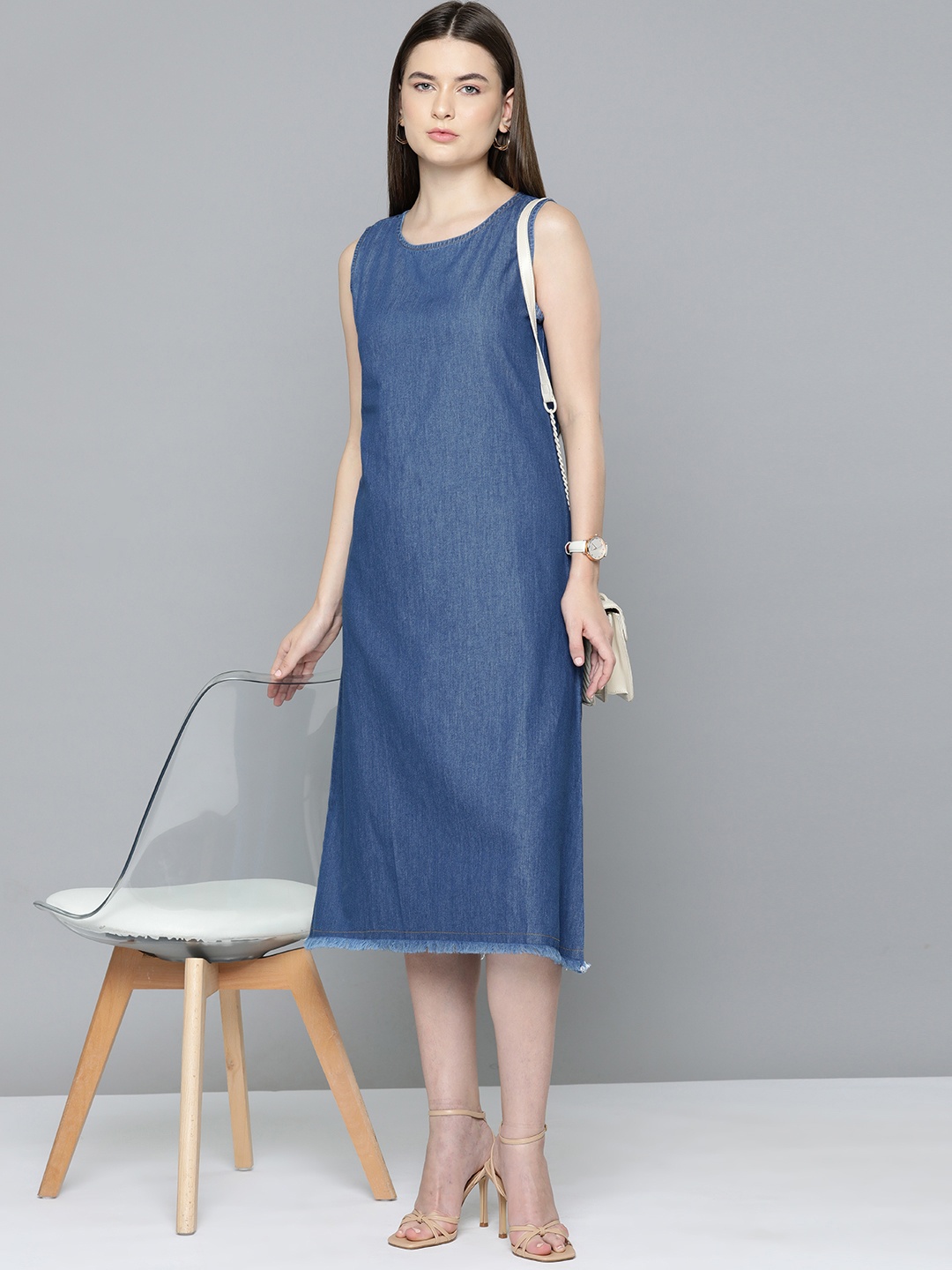 

Chemistry Solid Cotton Denim A-Line Midi Dress, Blue