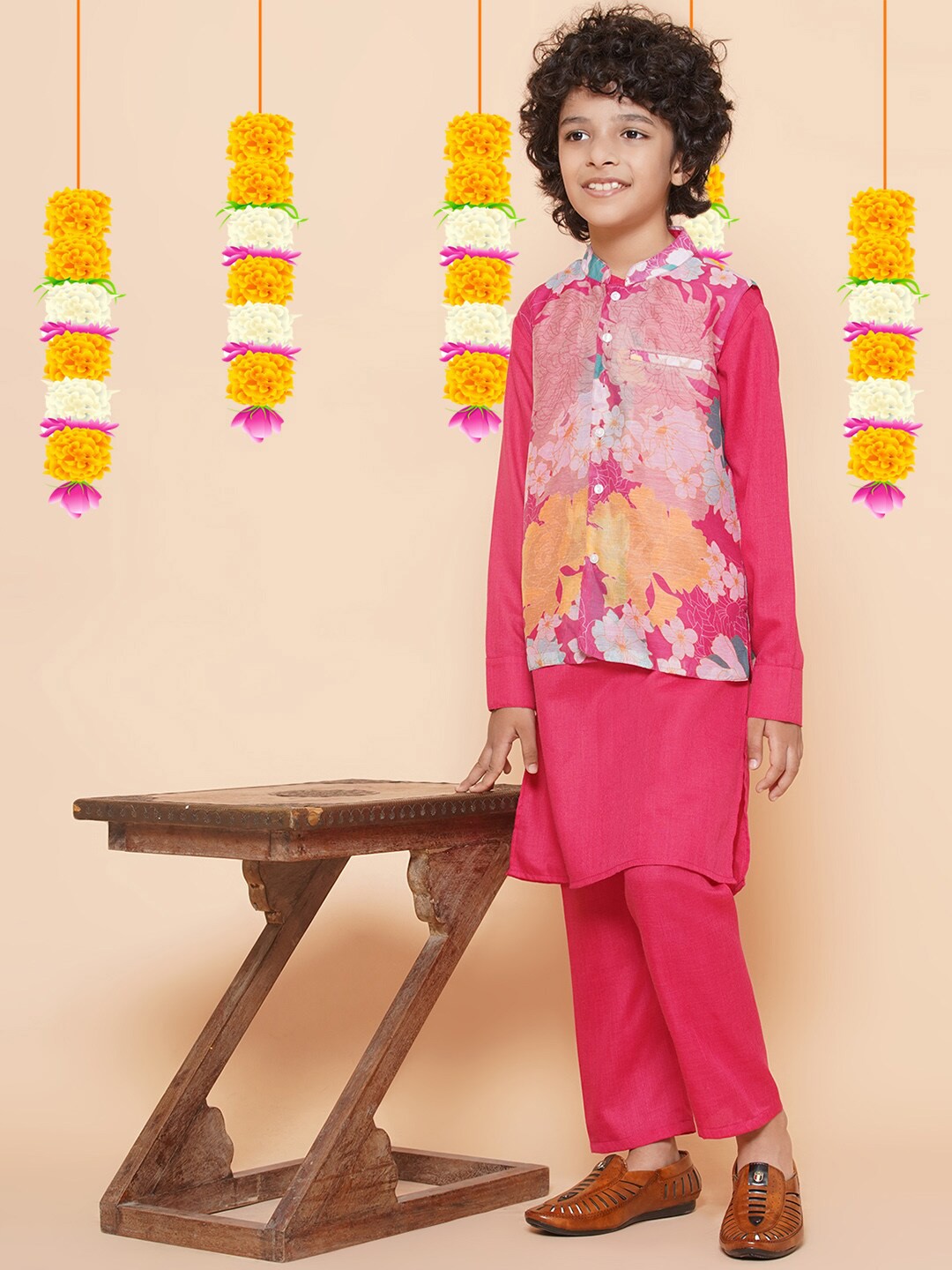 

Bittu By Bhama Boys Mandarin Collar Kurta With Pyjamas & Nehru Jacket, Pink