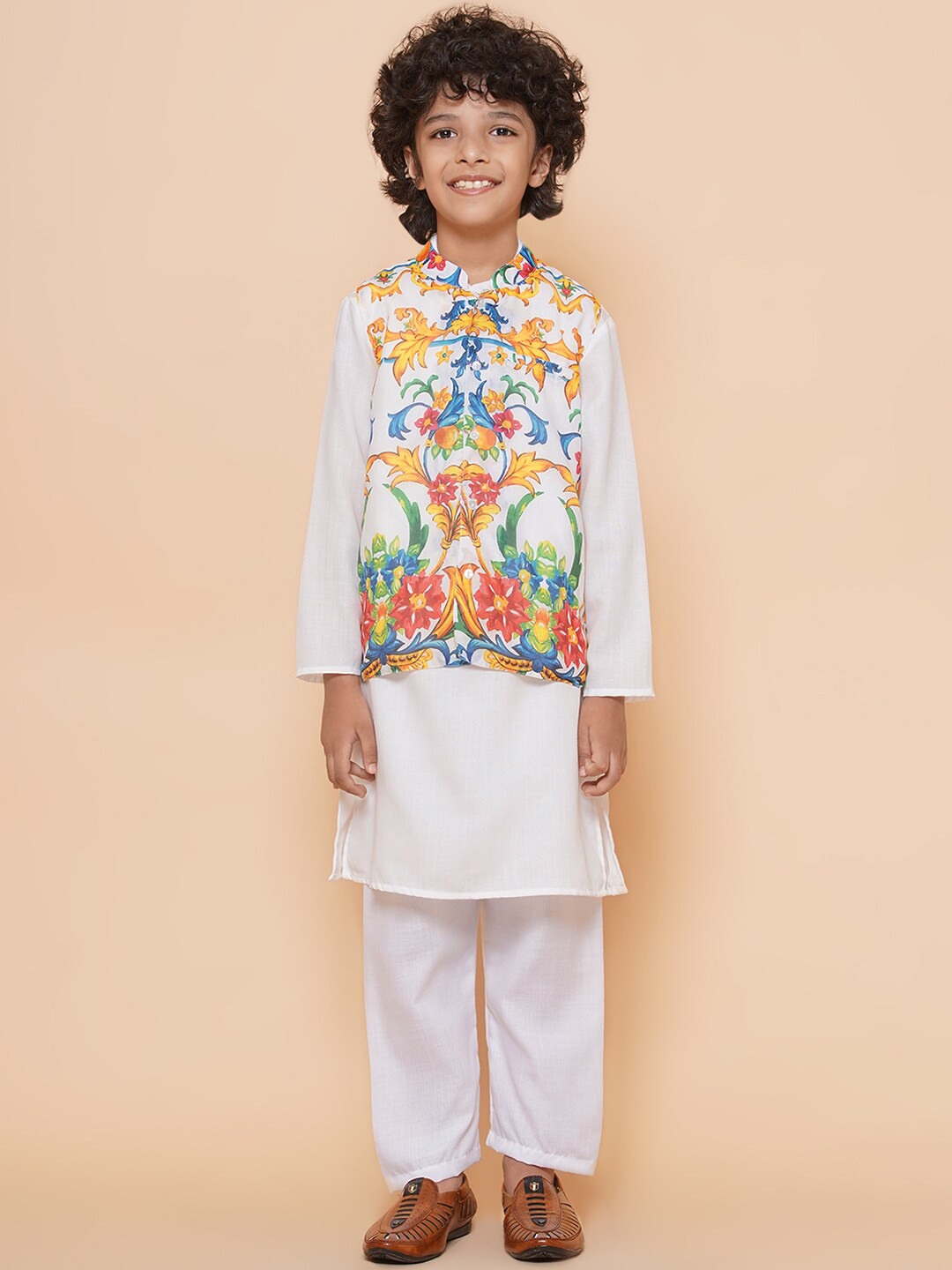 

Bittu By Bhama Boys Mandarin Collar Kurta With Pyjamas & Nehru Jacket, White