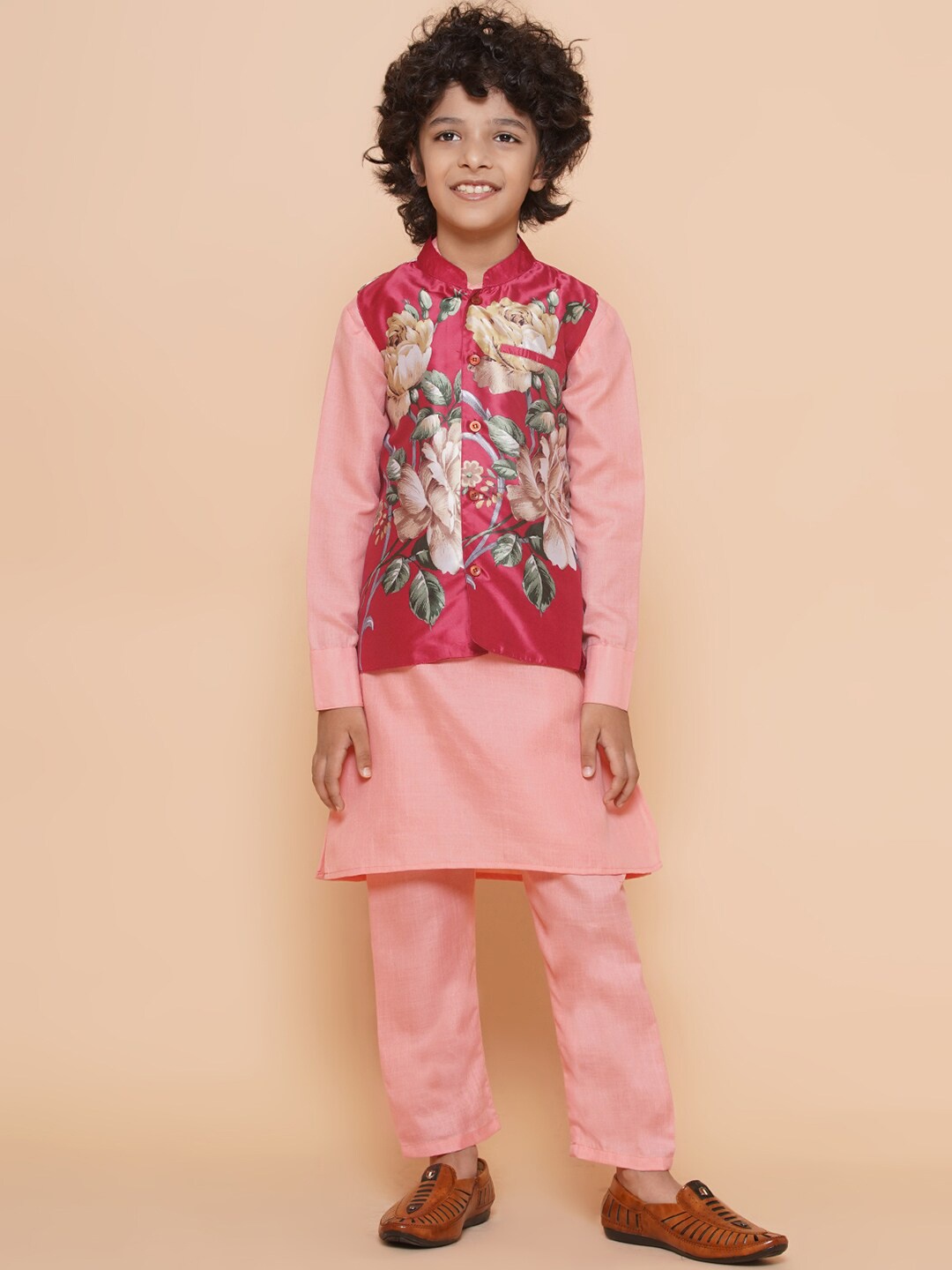 

Bittu By Bhama Boys Mandarin Collar Kurta With Pyjamas & Nehru Jacket, Peach