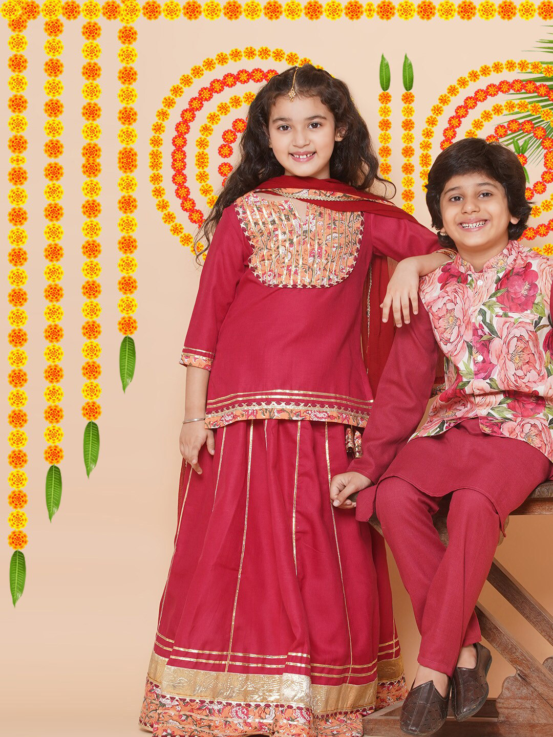 

Bittu By Bhama Boys Mandarin Collar Kurta With Pyjamas & Nehru Jacket, Maroon