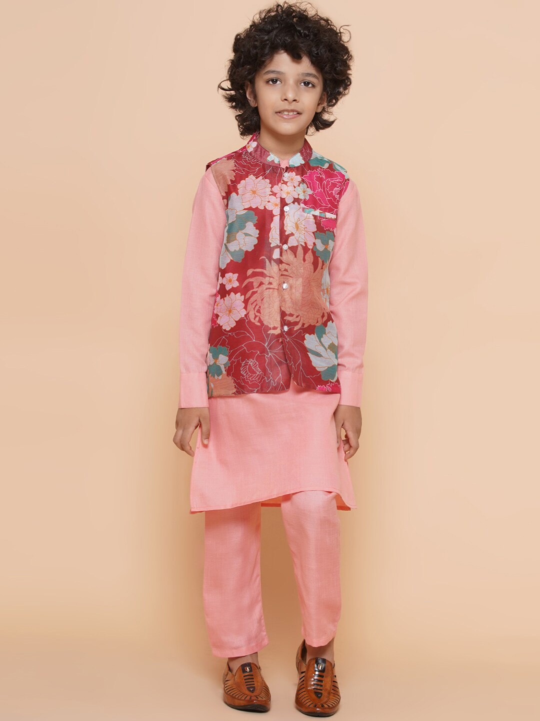 

Bittu By Bhama Boys Mandarin Collar Kurta With Pyjamas & Nehru Jacket, Peach