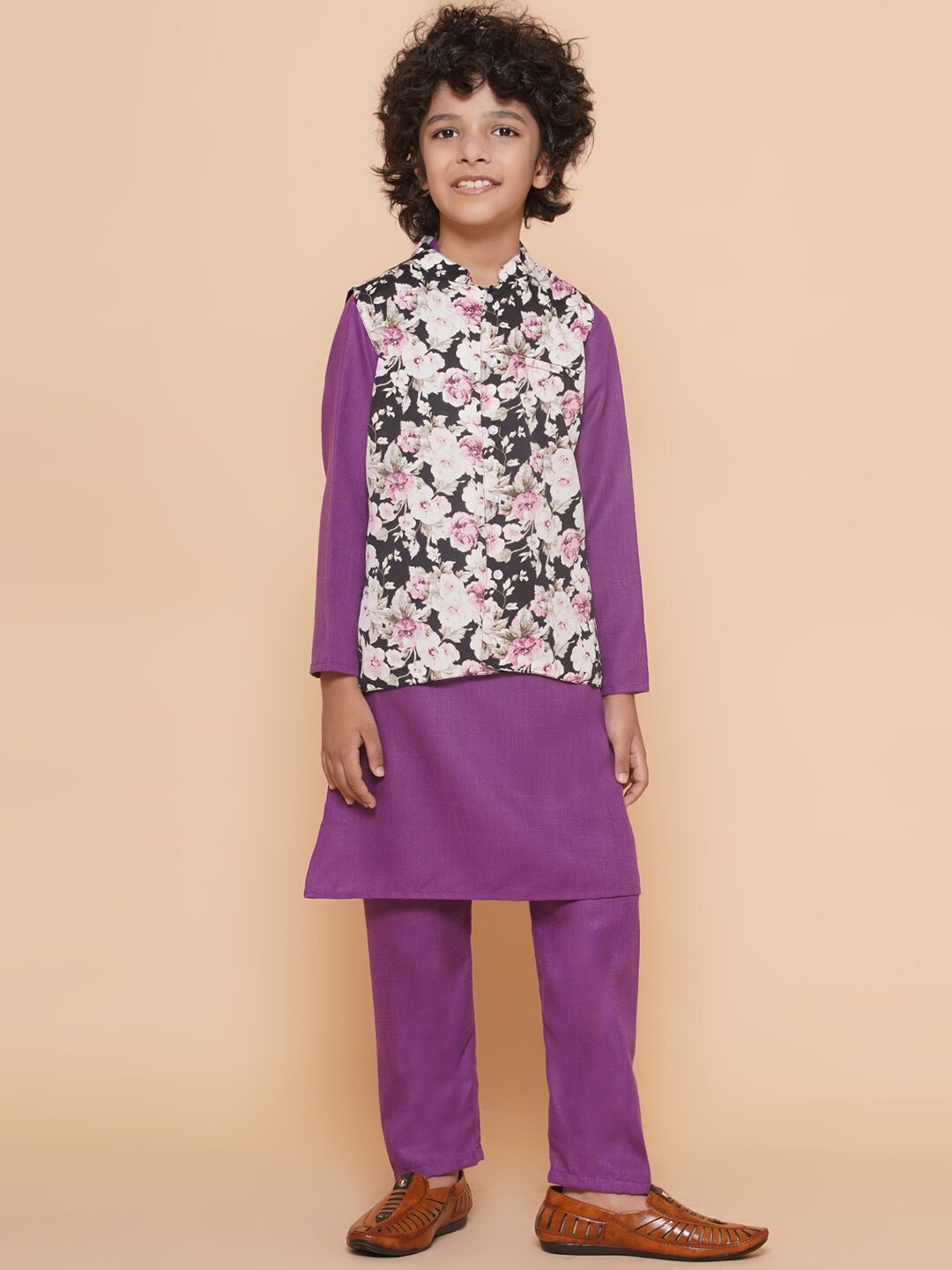 

Bittu By Bhama Boys Mandarin Collar Kurta With Pyjamas & Nehru Jacket, Purple