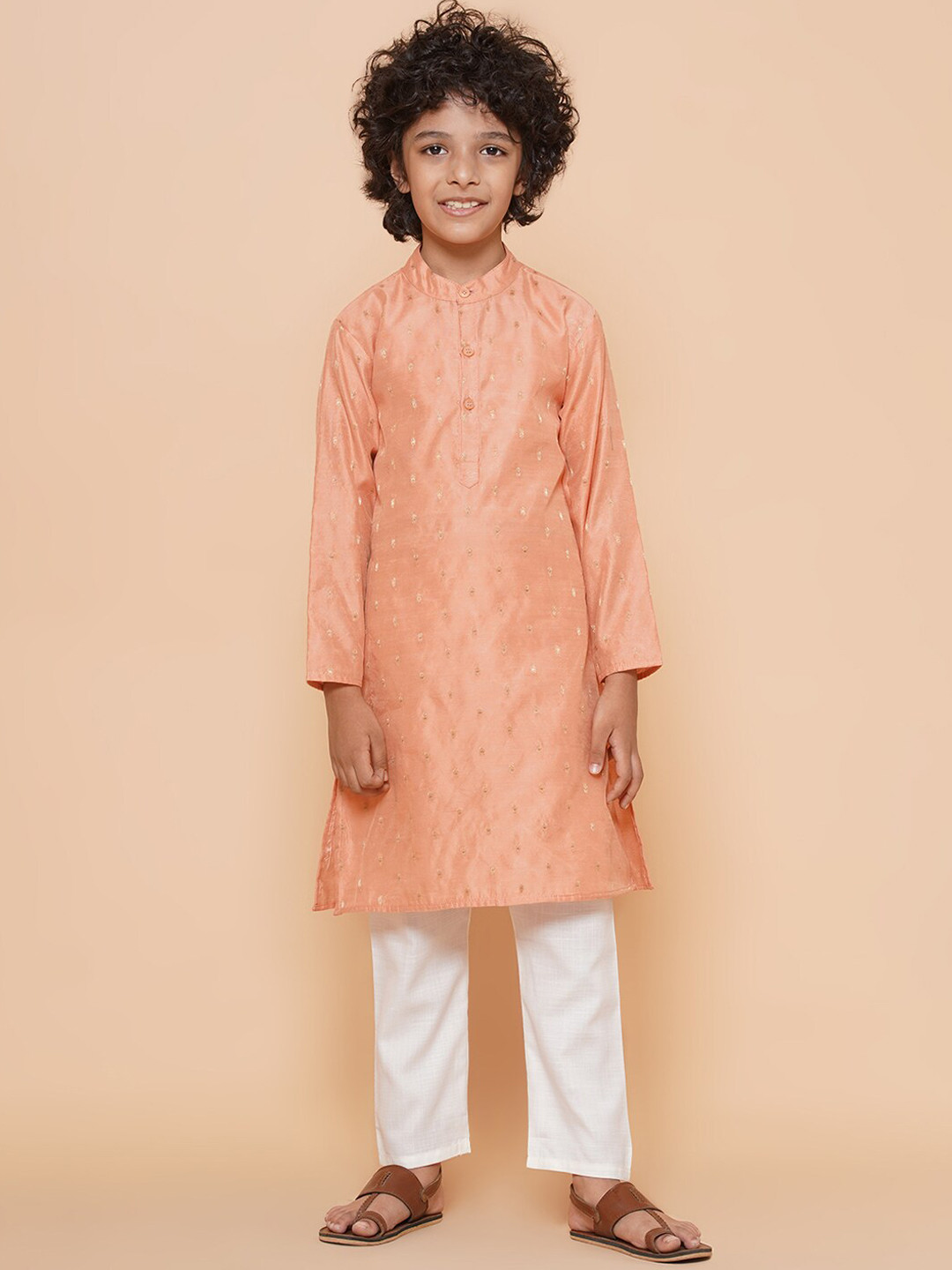 

Bittu By Bhama Boys Ethnic Motifs Woven Design Kurta With Pyjamas, Peach