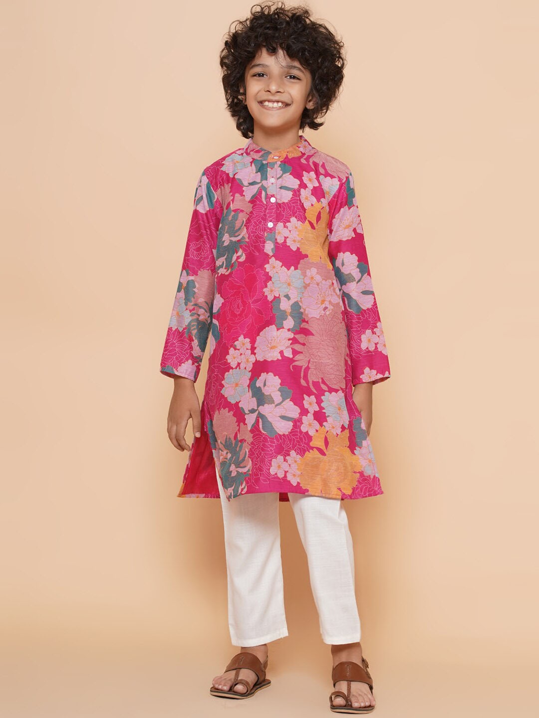 

Bittu By Bhama Boys Floral Printed Regular Kurta With Pyjamas, Pink