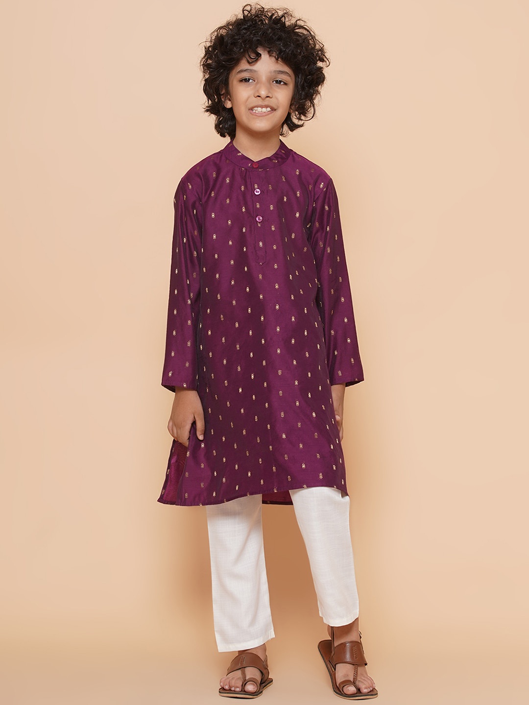 

Bittu By Bhama Boys Woven Design Zari Straight Kurta with Pyjamas, Purple