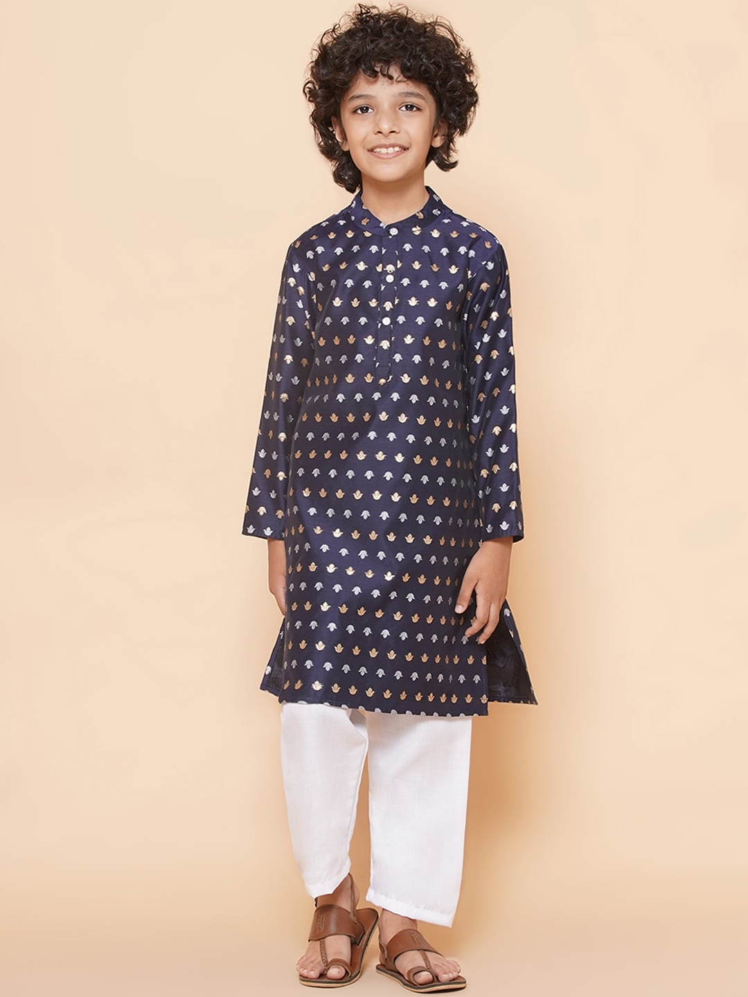 

Bittu By Bhama Boys Woven Design Zari Straight Kurta with Pyjamas, Blue