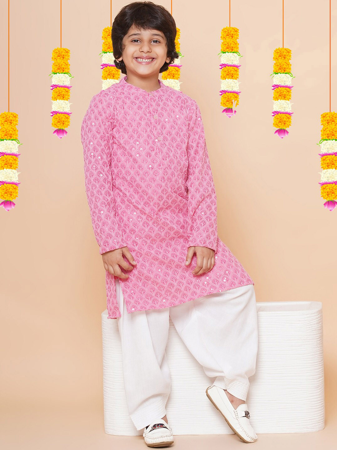

Bittu By Bhama Boys Embroidered Regular Sequinned Kurta with Salwar, Peach