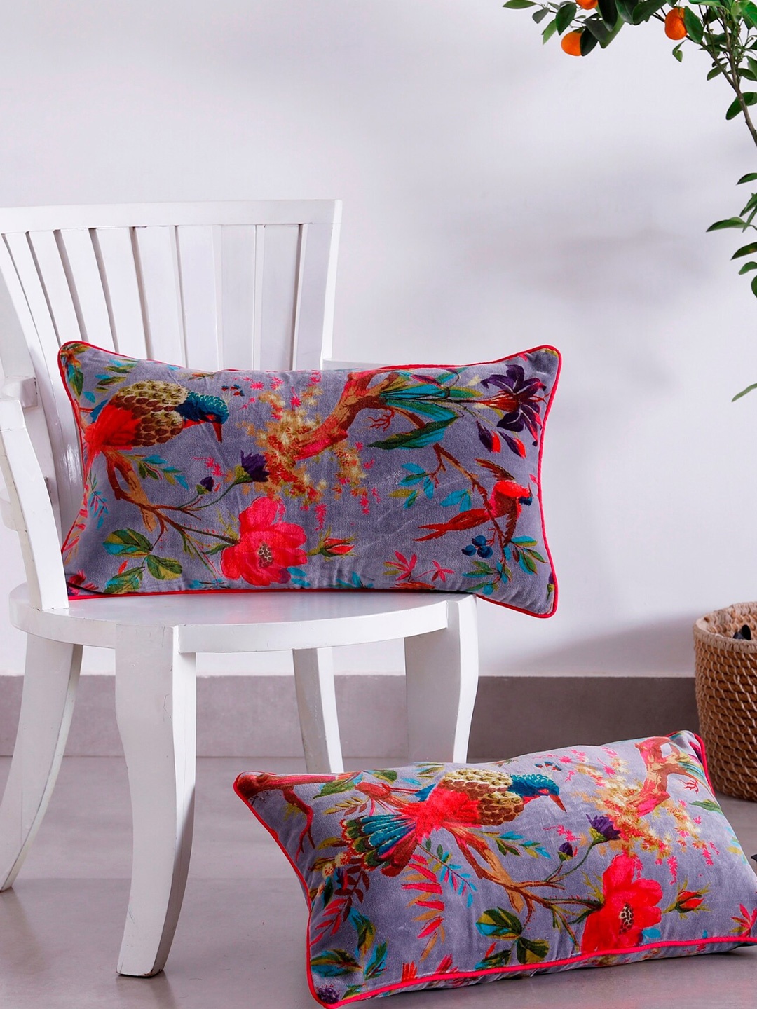 

HANDICRAFT PALACE Grey & Red 2 Pieces Floral Velvet Rectangle Cushion Covers