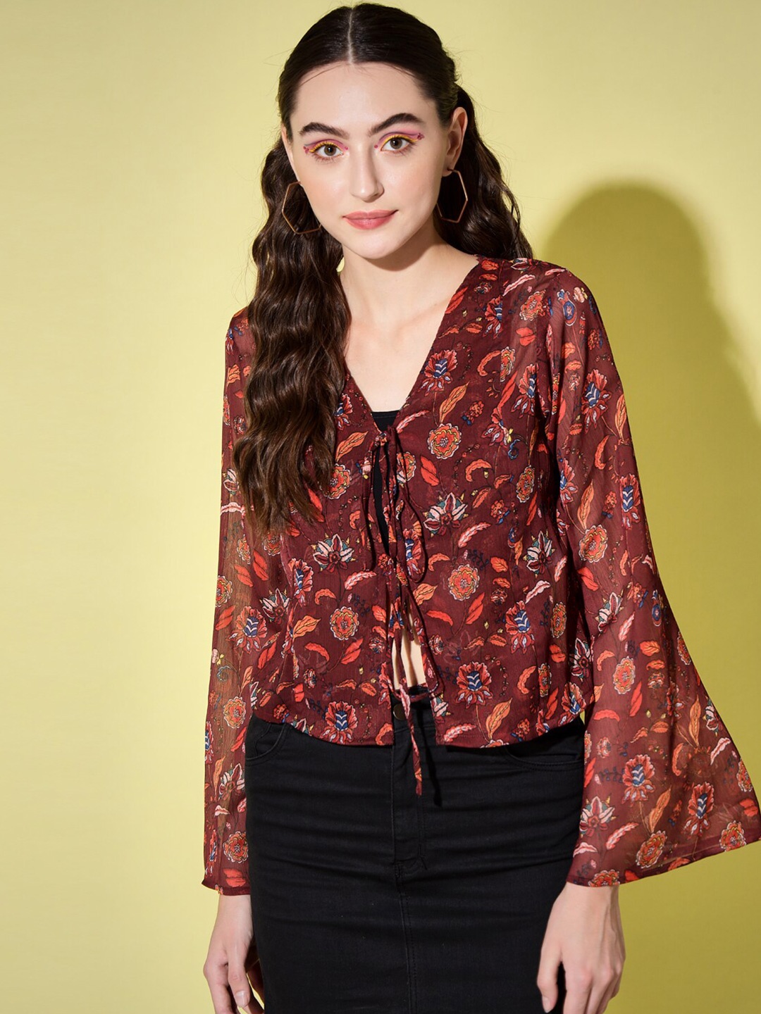 

Trend Arrest Floral Printed Tie-Up Shrug, Maroon