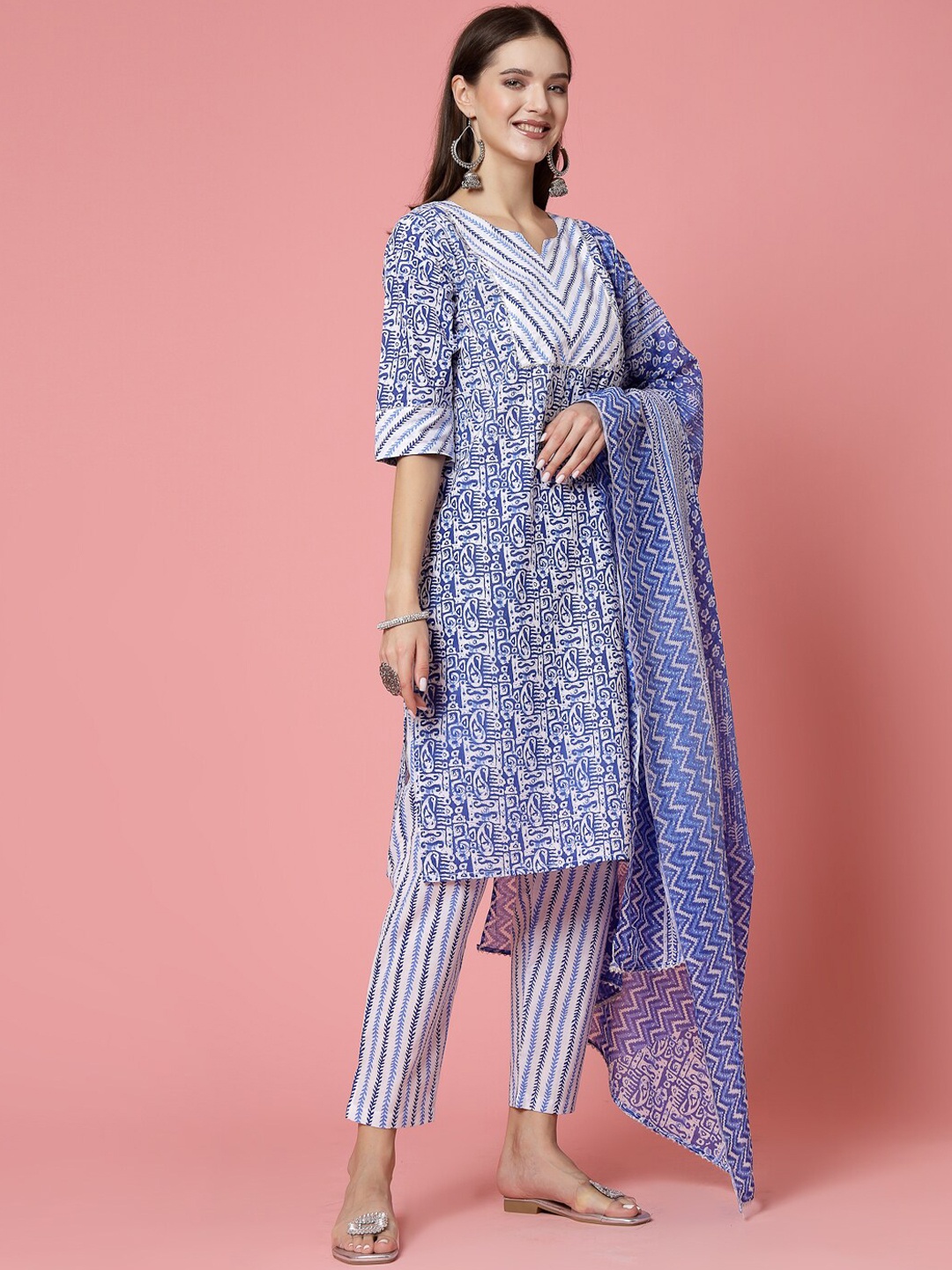 

Molly & Michel Paisley Printed Regular Pure Cotton Kurta with Trousers & Dupatta, Blue