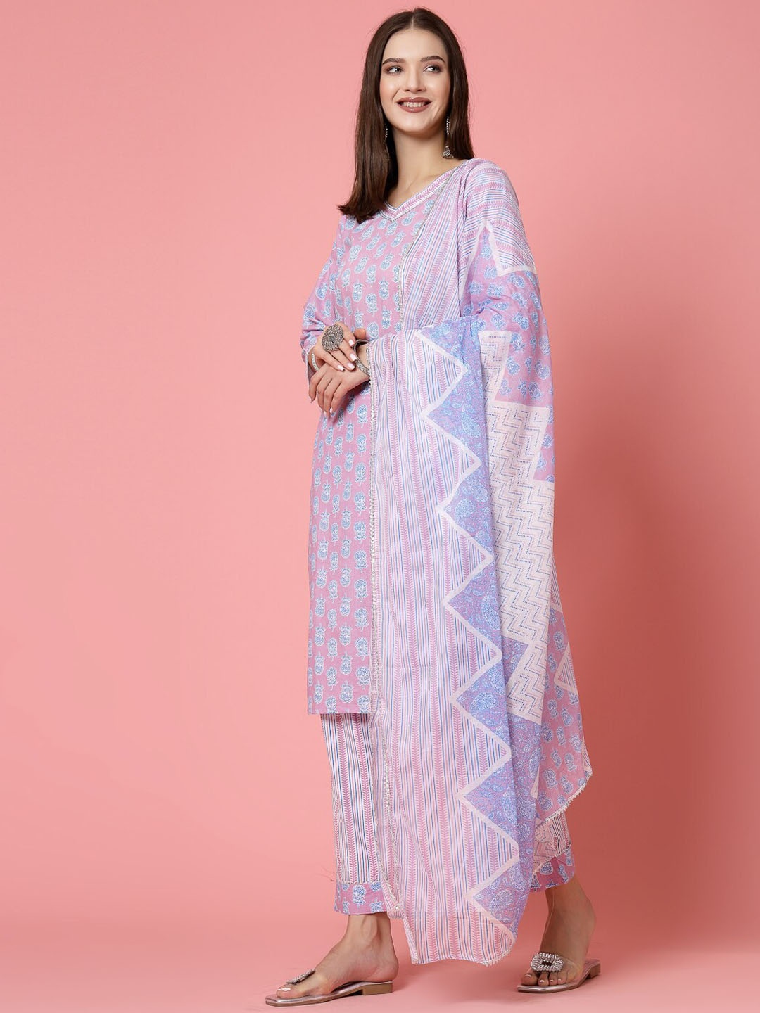 

Molly & Michel Ethnic Motifs Printed Regular Pure Cotton Kurta with Trousers & Dupatta, Purple