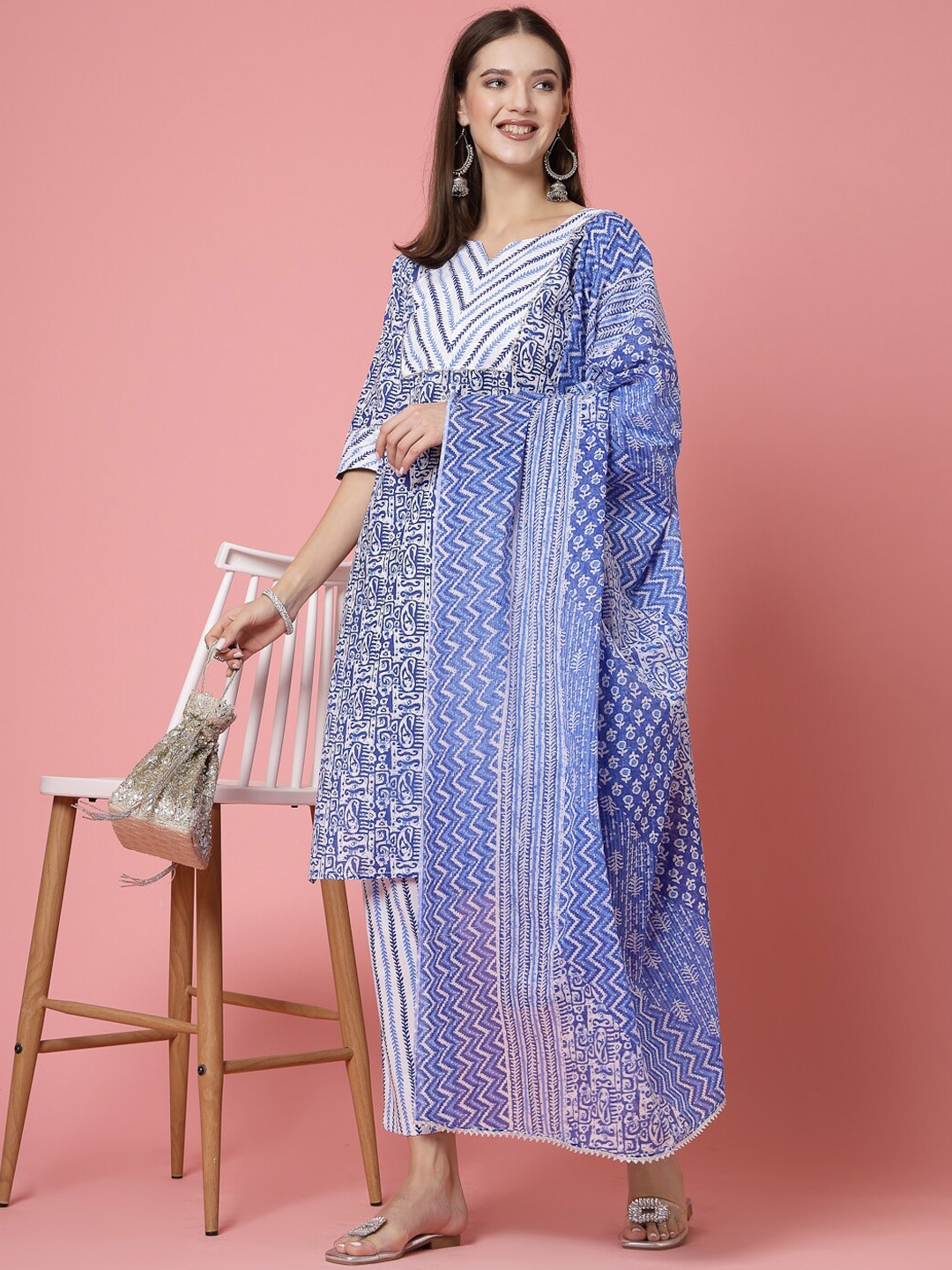 

Molly & Michel Paisley Printed Regular Pure Cotton Kurta & Trousers With Dupatta, Blue