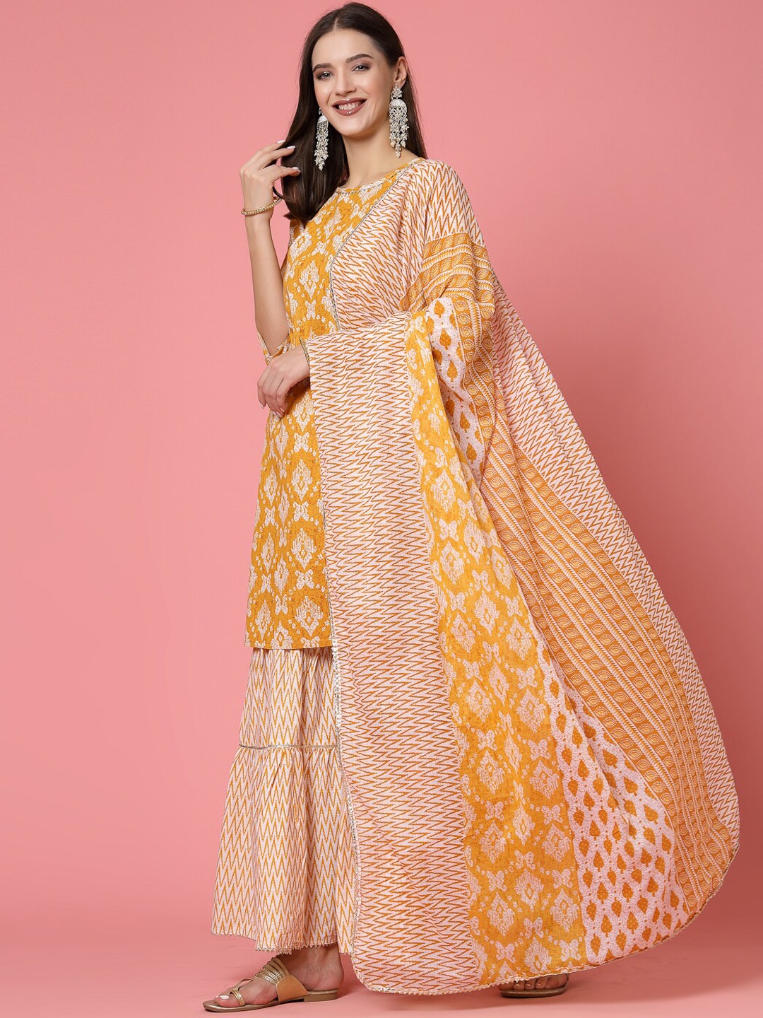 

Molly & Michel Ethnic Motifs Printed Regular Pure Cotton Kurti & Sharara With Dupatta, Yellow