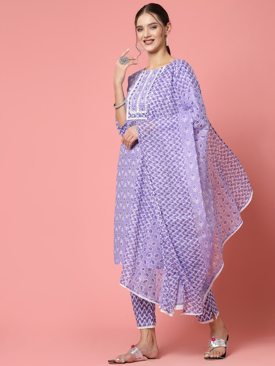 

Molly & Michel Floral Printed Regular Pure Cotton Kurta Wwith Trousers & Dupatta, Purple